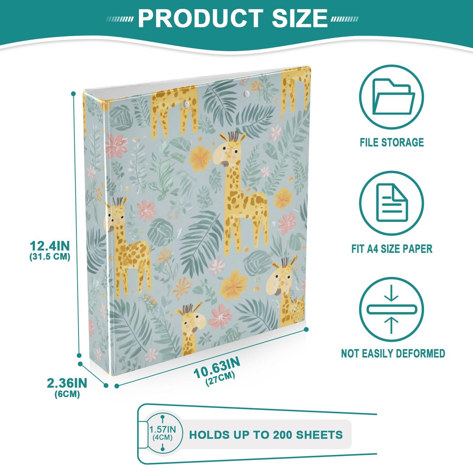 Kcldeci Raccoglitore a 3 anelli con copertina rigida, motivo giraffe, foglie della giungla, anelli rotondi da 3,8 cm, con tasche interne, per scuola, ufficio, ricette, raccoglitori, confezione da 2