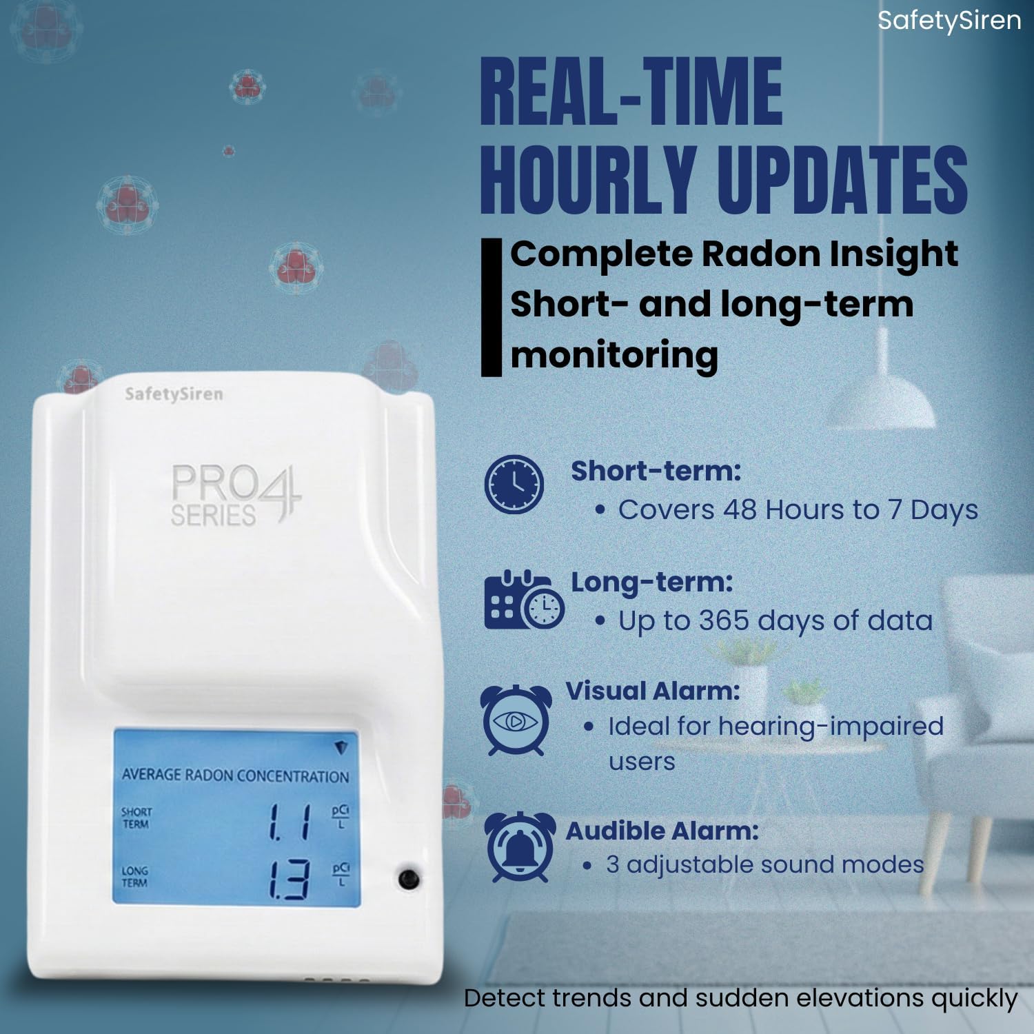 Safety Siren Pro4 Plug-in Radon Detector, Continuous Radon Gas Monitoring with Audible & Visual Alarms | Short & Long-Term Radon Detection for Home, Office, & Other Indoor Living Areas | Made in USA