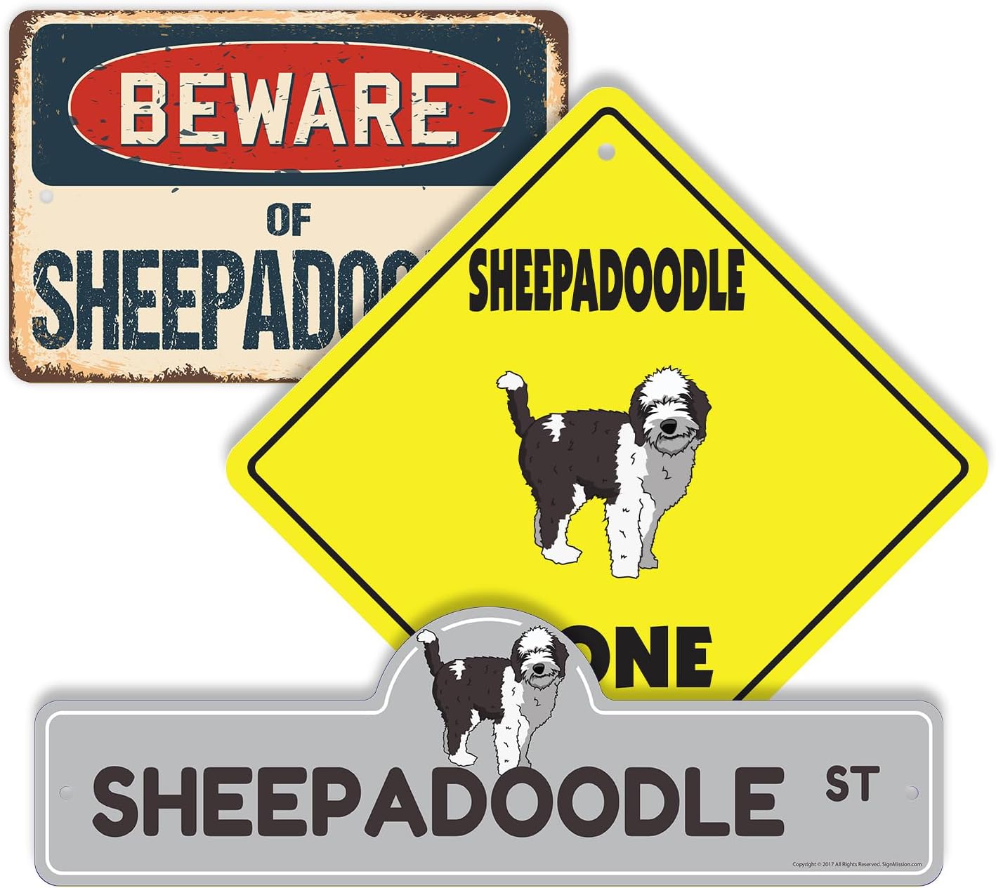 Sheepadoodle (3 Pack) Large Plastic Street Sign Crossing Sign Warning Sign Vintage Rustic Beware Warning Xing Dog Breed Pet Cute Loyal Animal Friendly Family House Decor Rustic Fun