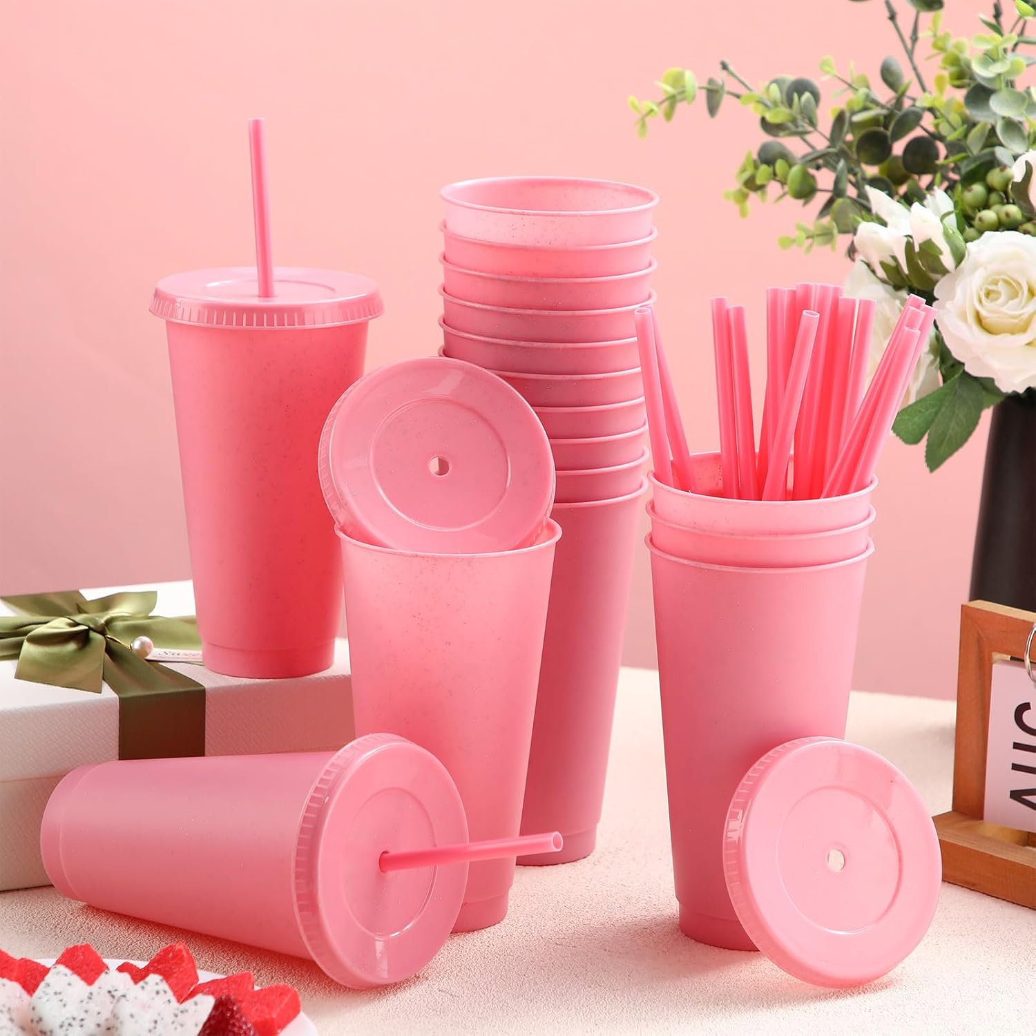 Honeydak 60 Pack Tumbler with Straw and Lid Bulk Cups for Gifts Glitter Plastic Coffee Cups 24-27 oz Reusable Water Bottle Iced Coffee Travel Mug Party Favors for Birthdays Travel (Light Pink) - Image 6