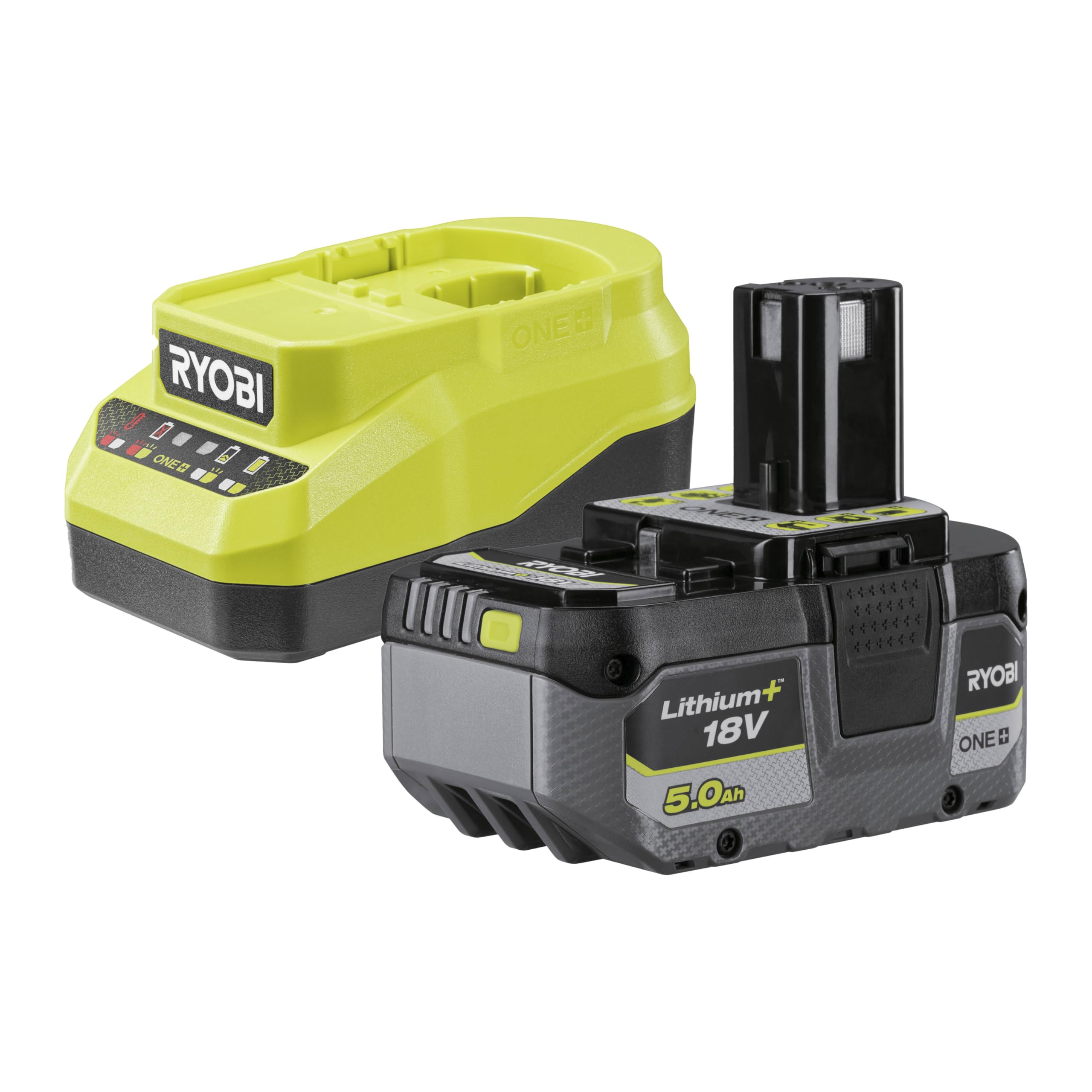 Ryobi Kit Batteria e Caricabatterie Originali 18V ONE+ 5,0Ah Lithium+ con Caricatore 2,0A, Indicatore LED, Tecnologia IntelliCell, Compatibile con Oltre 200 Utensili, RC18120A-150G