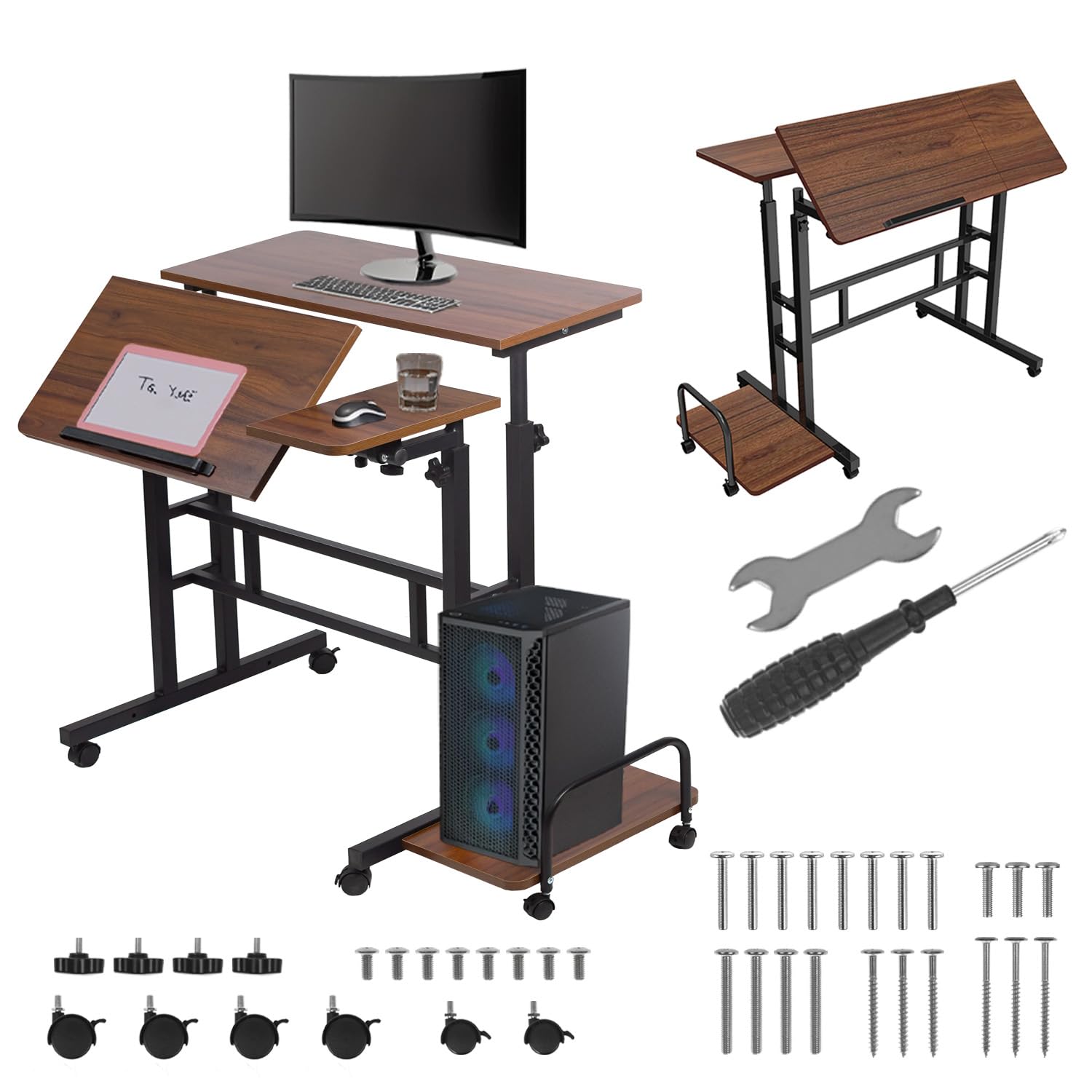 Scrivania mobile regolabile Maclean MC-124 con ruote, piano inclinabile 80x60 cm, altezza regolabile 67-115 cm, capacità di 50 kg, vassoio laterale dal design ergonomico, casa, ufficio, studio (Nero)