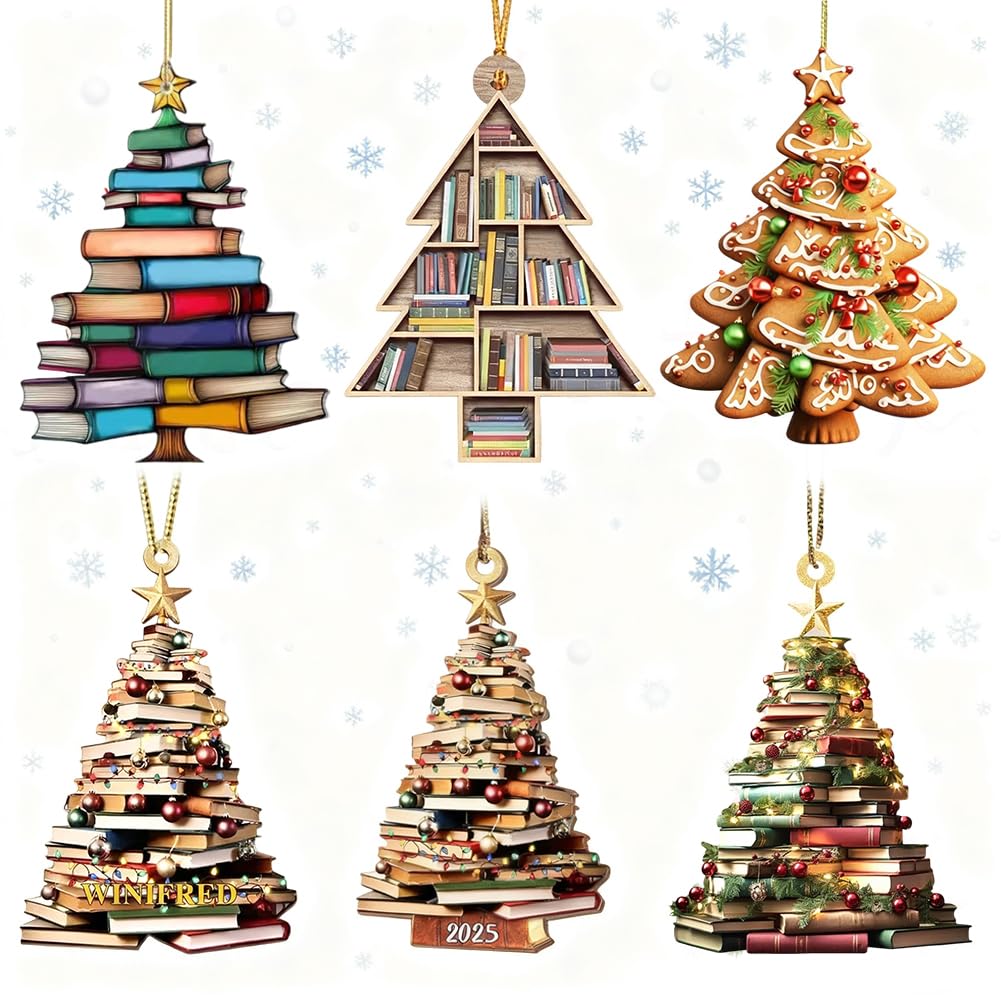 Pyrrlictoy Multicoloured Book Lovers Ornament Acrylic Reading Book, 6Pc Books Stacked Ornaments Love Bookish Decor Librarian Gifts For Christmas Holiday New Year Party Xmas Tree Decorations Hanging