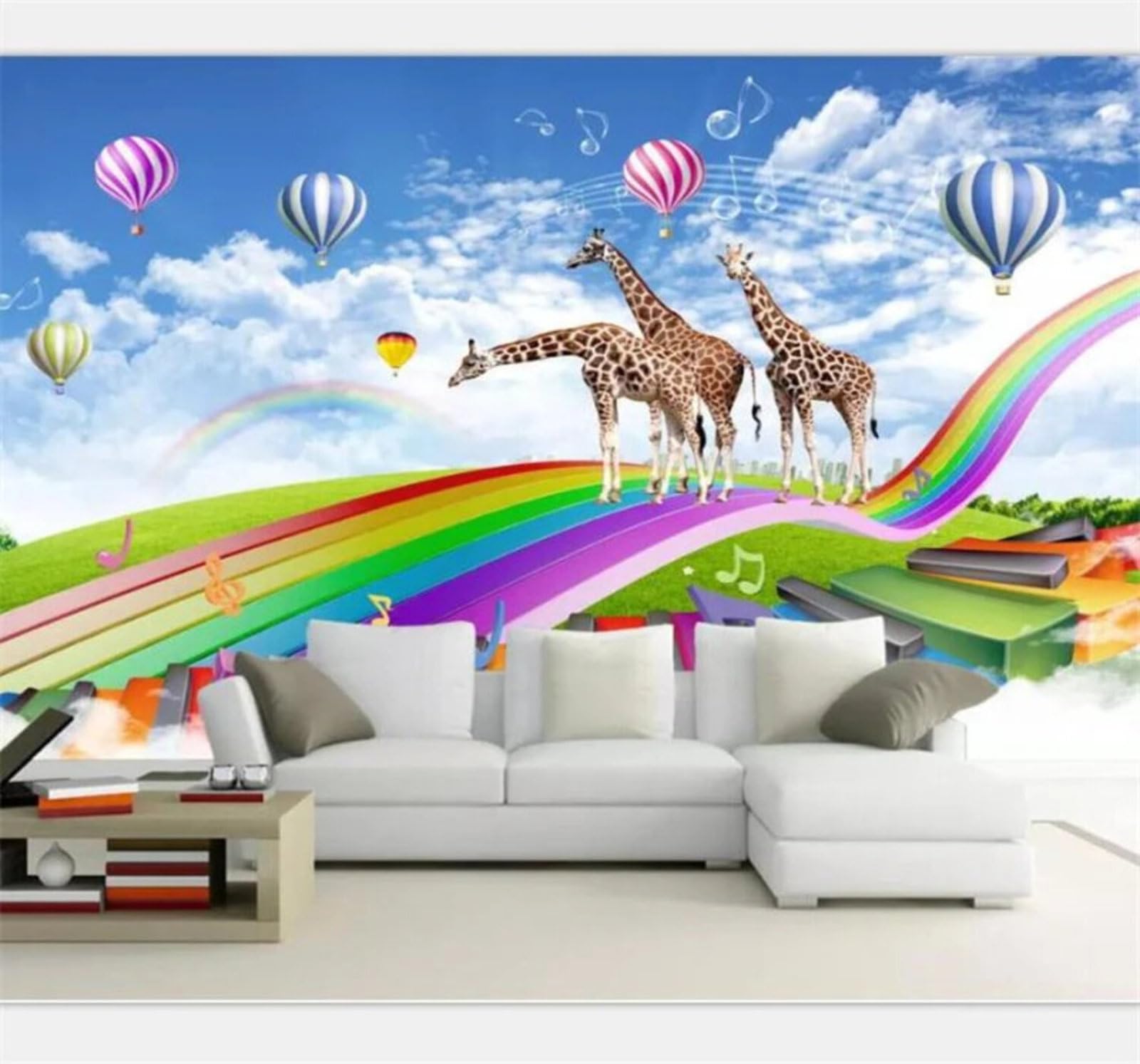 Xlming 430Cm×300Cm(B×H) Fantasy Rainbow Bridge Giraffe Sky Balloons 3D Wallpaper Luxury Home Dining Decor Paste Sofa Living Room The Wall For Bedroom Mural-430Cm×300Cm