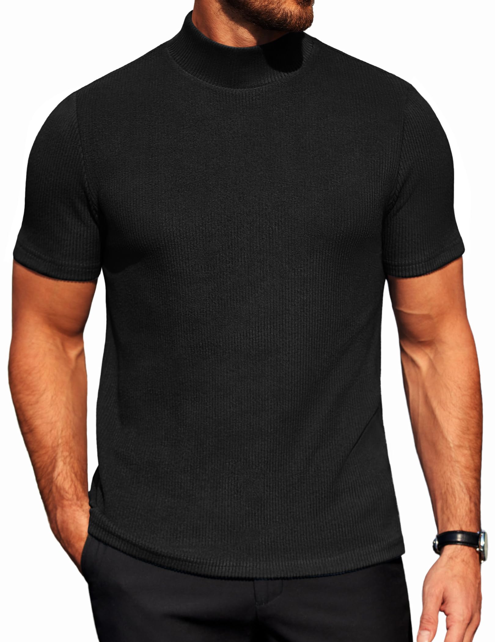 coofandy Men's Mock Turtleneck Short Sleeve Soft Lightweight Sweater Ribbed Knit Pullover Casual Basic Tops-picture-36