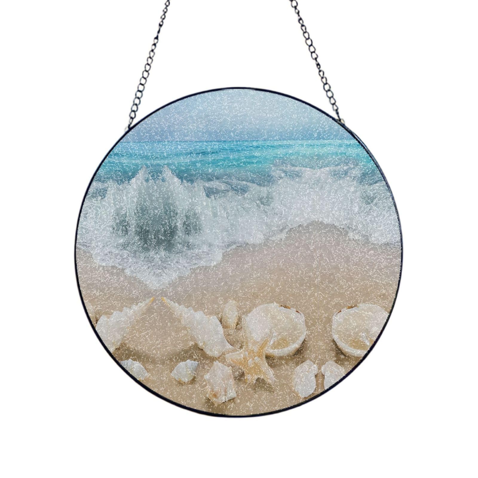 Phayah Beach Seashell Starfish Print Glass Window Hanging Sun Catchers Suncatcher Decor For Birthday For Home Garden Porch 6in（15cm）