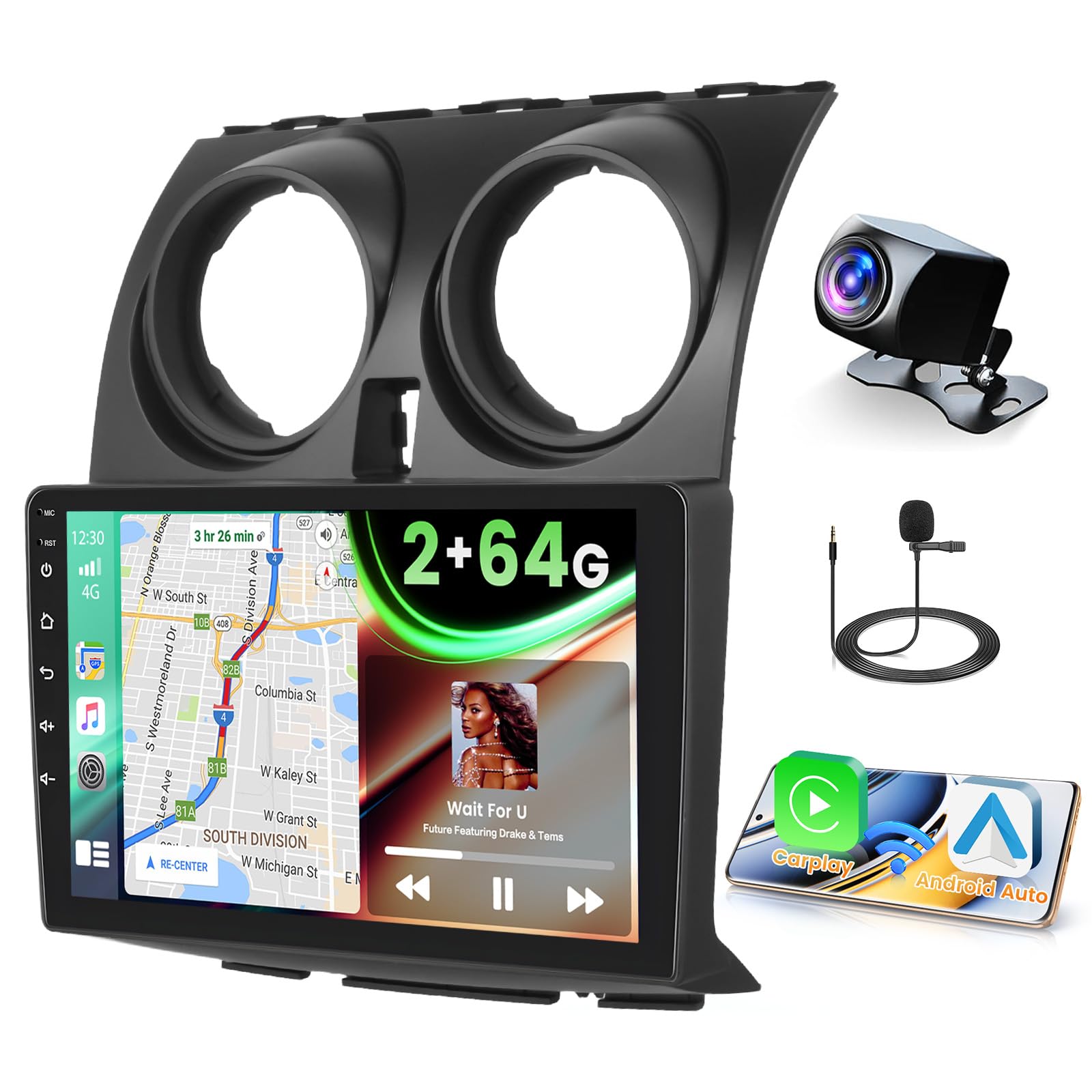2+64G Android Autoradio per Nissan Qashqai J10 2006-2016 con Wireless Carplay&Android Auto, 9'' IPS Touchscreen Radio con Bluetooth/GPS/Telecamera di Retromarcia/FM/WiFi/SWC/26UI