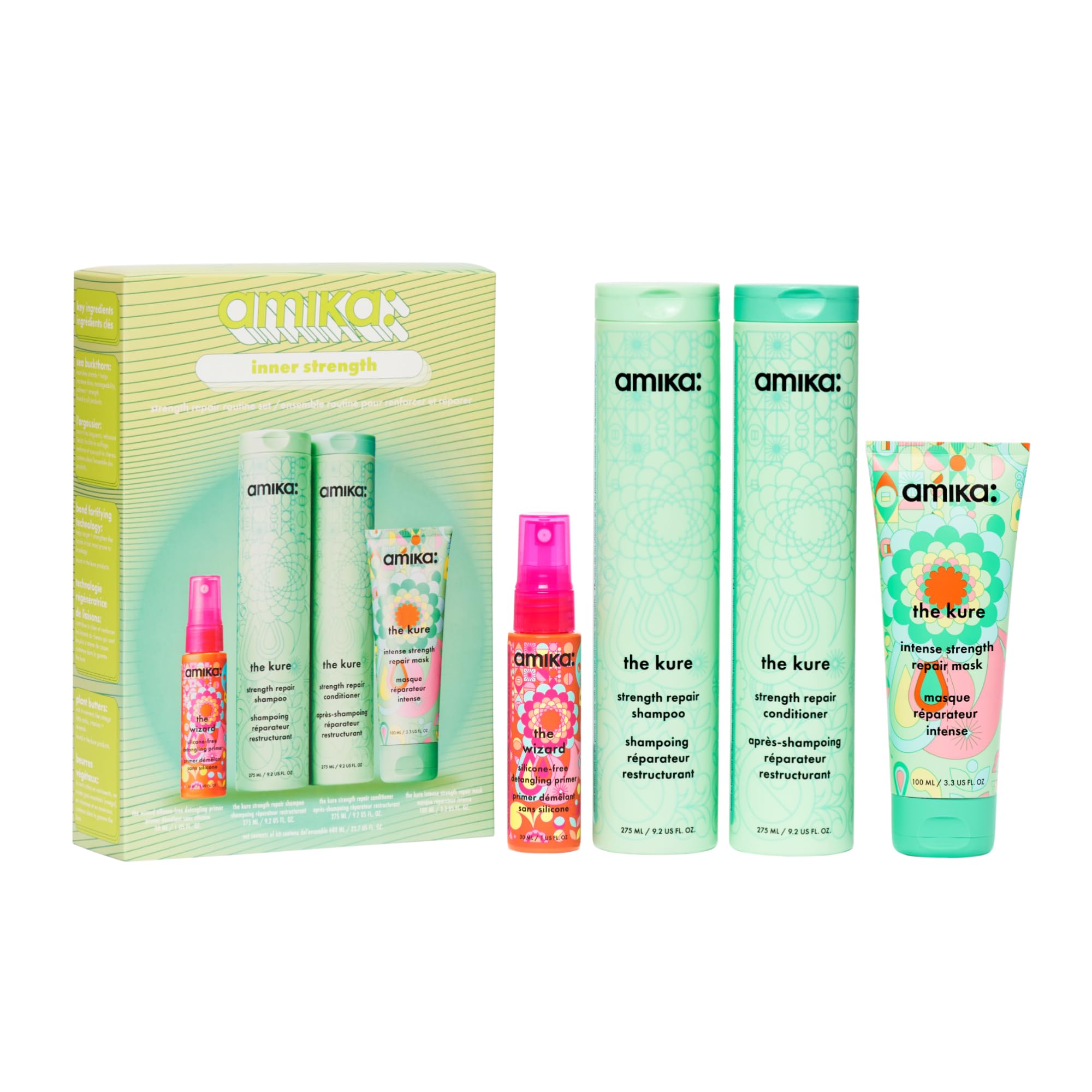 amika inner strength repair routine set | gift set for dry, damaged hair from bleach, color, chemical, or heat use
