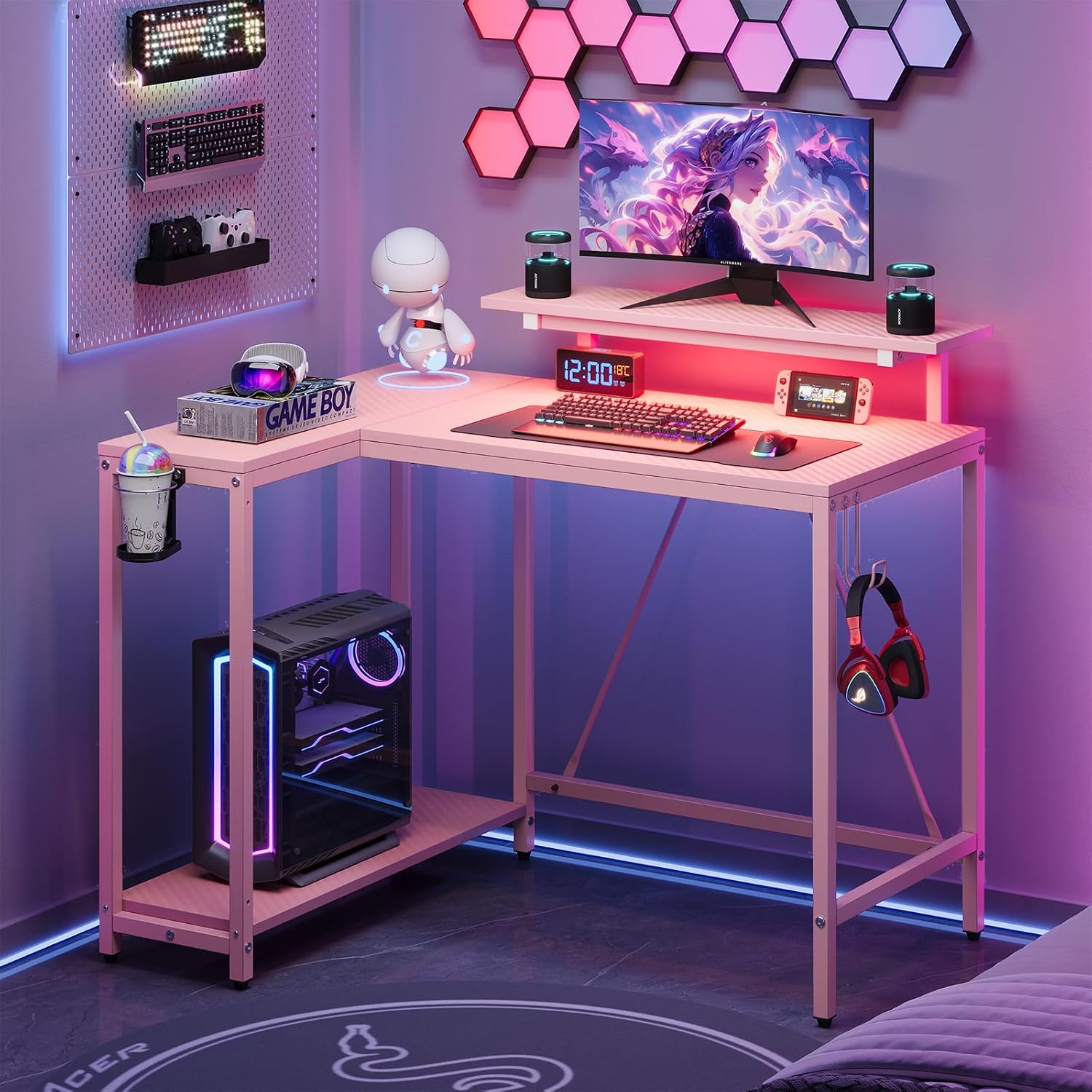 Pinmoco 42" Reversible Small L-Shaped Gaming Desk with LED Lights, Pink