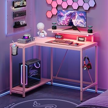 42" Reversible Small L-Shaped Gaming Desk with LED Lights, Pink