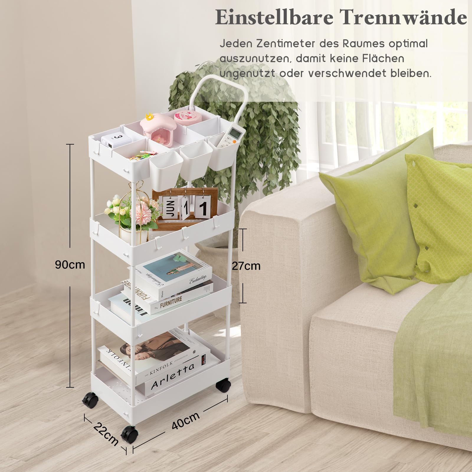 danpinera Chariot de service étroit pour enfants, chariot de service avec 4 niveaux, chariot de cuisine avec séparateurs, crochets et tasses suspendues, chariot de niche pour chambre d'enfant, cuisine