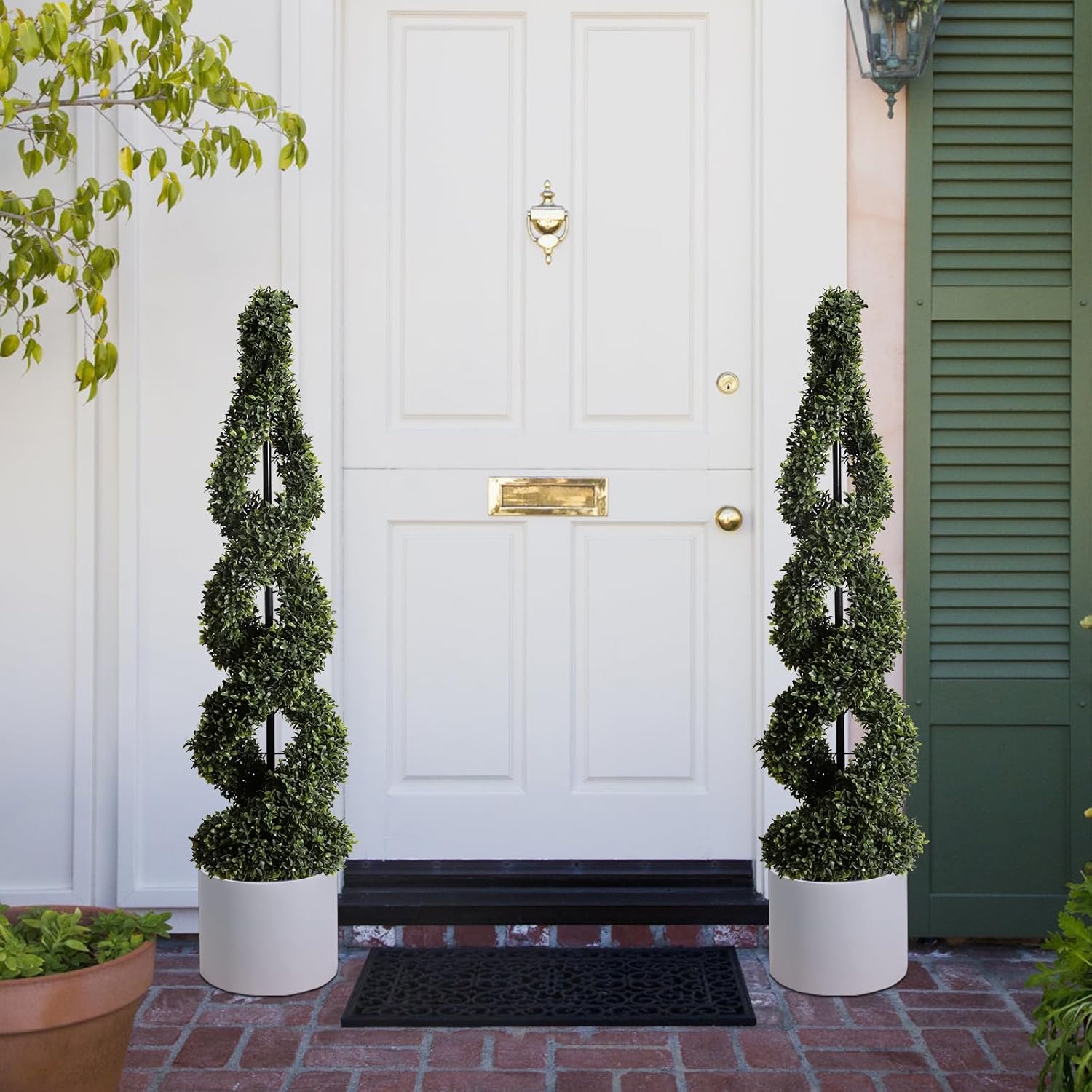 46Inch Double Spiral Artificial Boxwood Topiary Tree 4" Plants Fake Faux Plant Decor in Plastic Pot Green Indoor or Outdoor, Set of 2 - Image 3