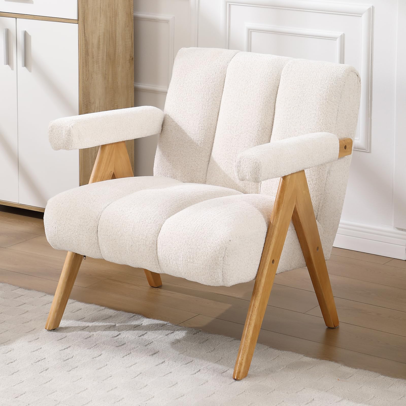 chairus Sillón de Chenilla para Salón Sillón Acolchado con Patas de Madera, Silla Relax con Brazos Butaca de Lectura para Sala de Estar/Dormitorio, Avena