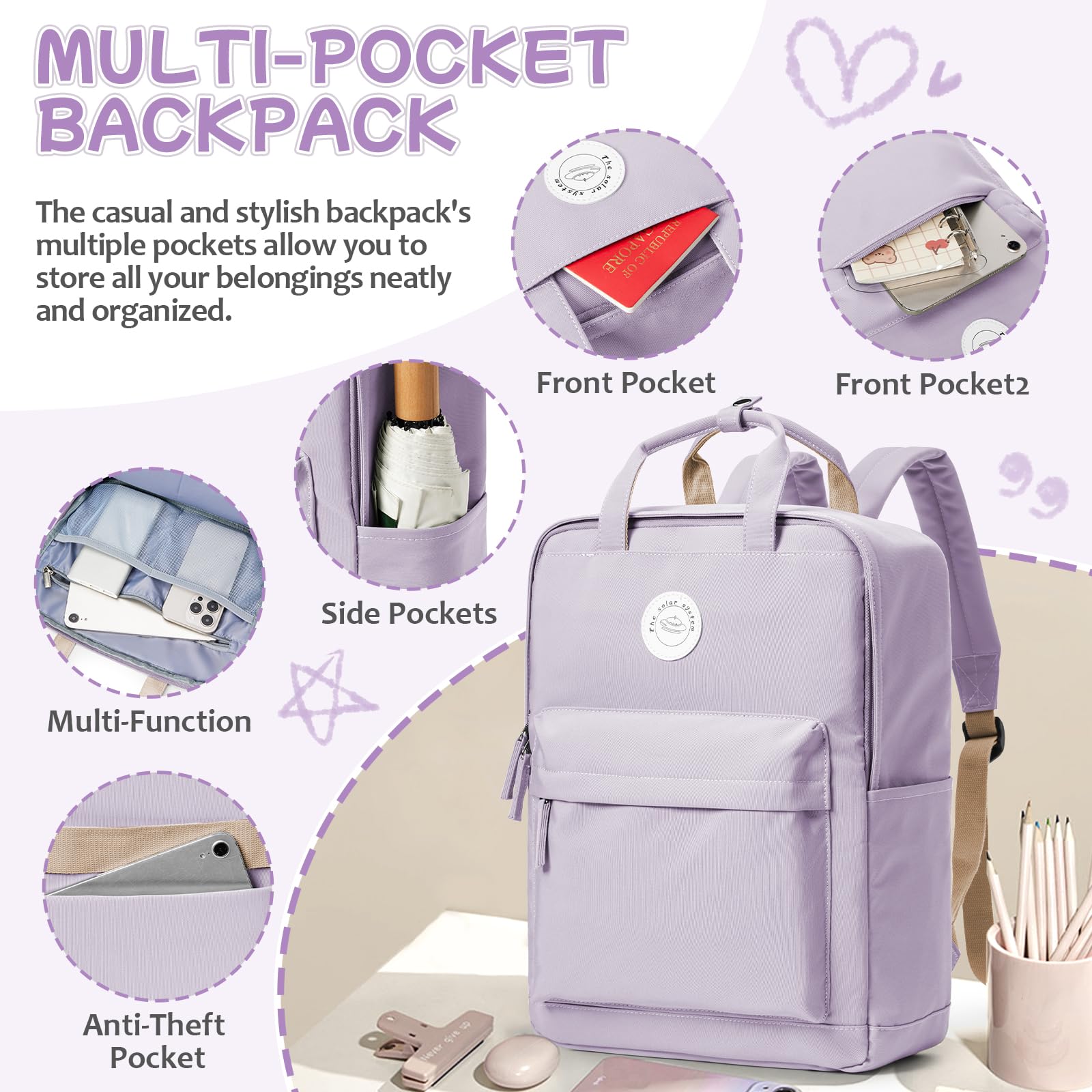 HYC00 Zaino Donna Scuola,Zaino Donna Casual Zaino Scuola Superiore Ragazza Zaino Università Zainetto Cartella, Impermeabile Zaino Porta PC 14 Pollici Zaino per Scuola Media Ragazza Ragazzi Backpack