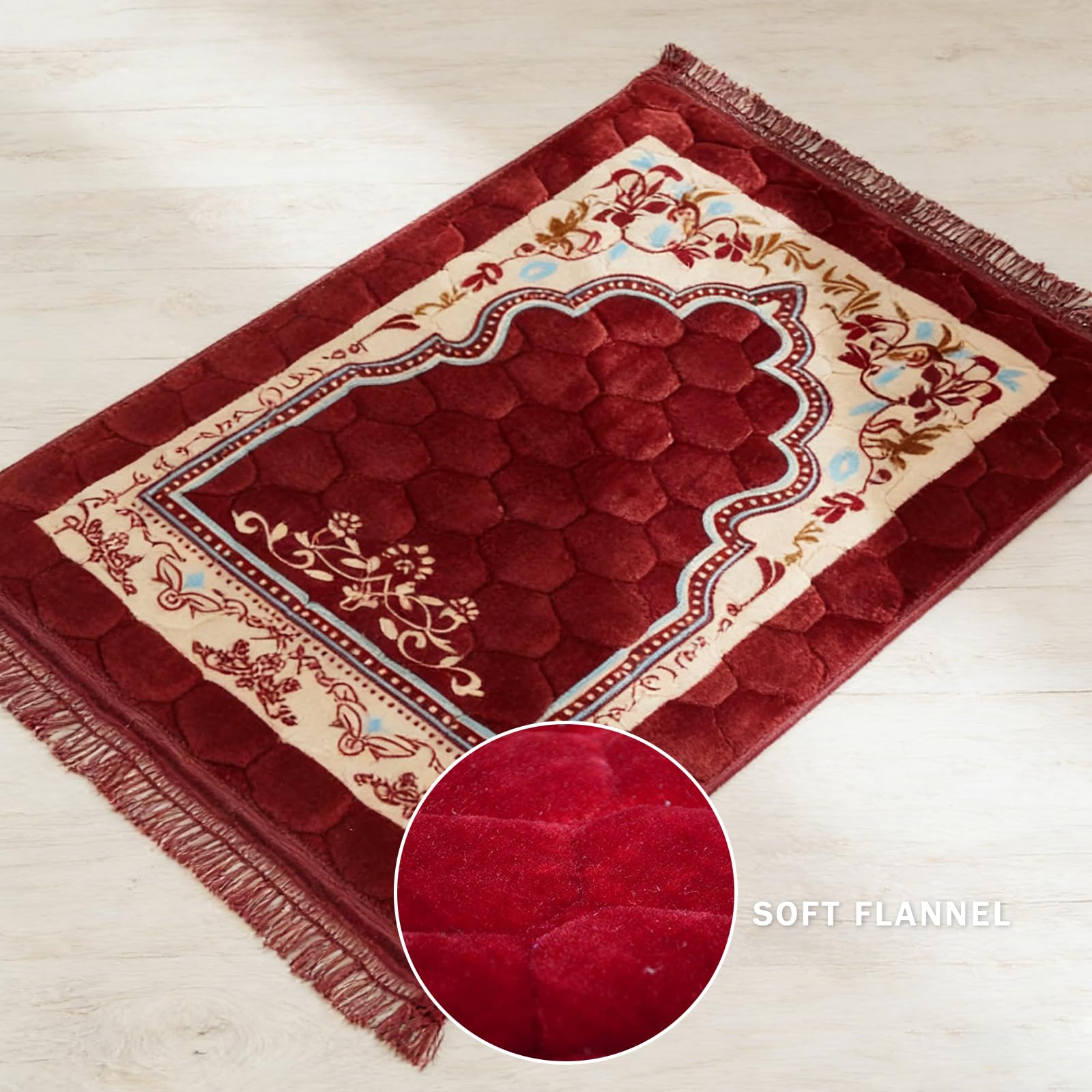 Tappeto da Preghiera Musulmano Rosso Imbottito Spesso,80x120cm | Tappeto da Preghiera in Flanella con Frange,Morbido Janamaz,Sajadah Islamico,Regalo Ramadan Eid Mubarak,per l'Eid,Ramadan