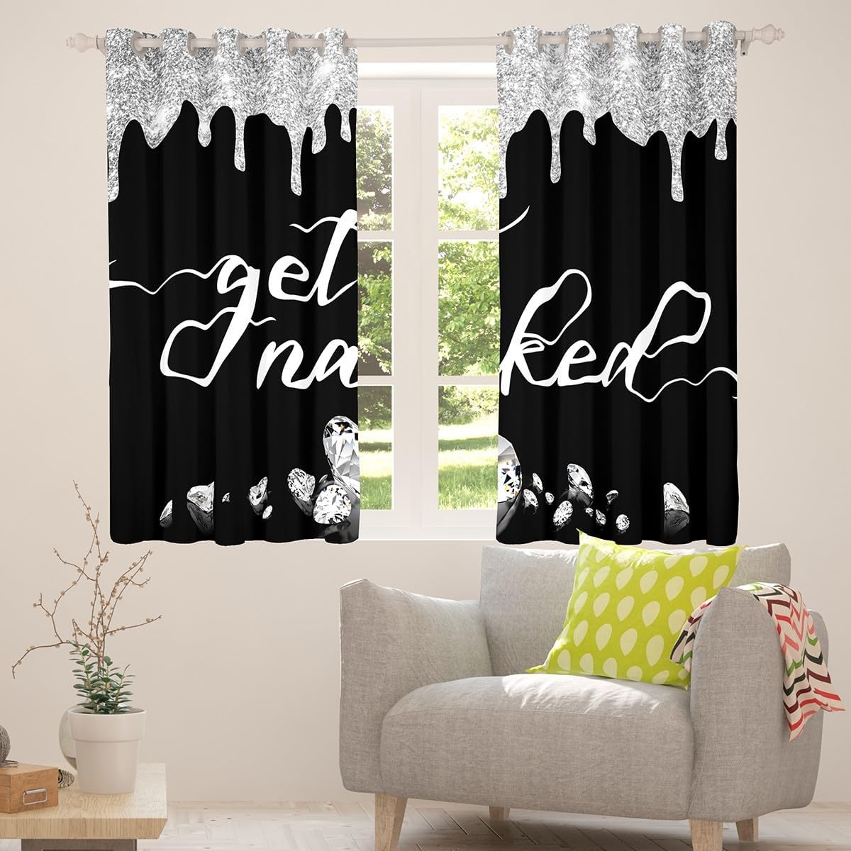 Get Naked Curtains Silver Grey Black Glitter Window Curtains for Bedroom Living Room for Kids Boys Girls Shining Diamond Window Drapes Women Men Funny Quotes Window Treatments, 42x84 Inches,2 Panels