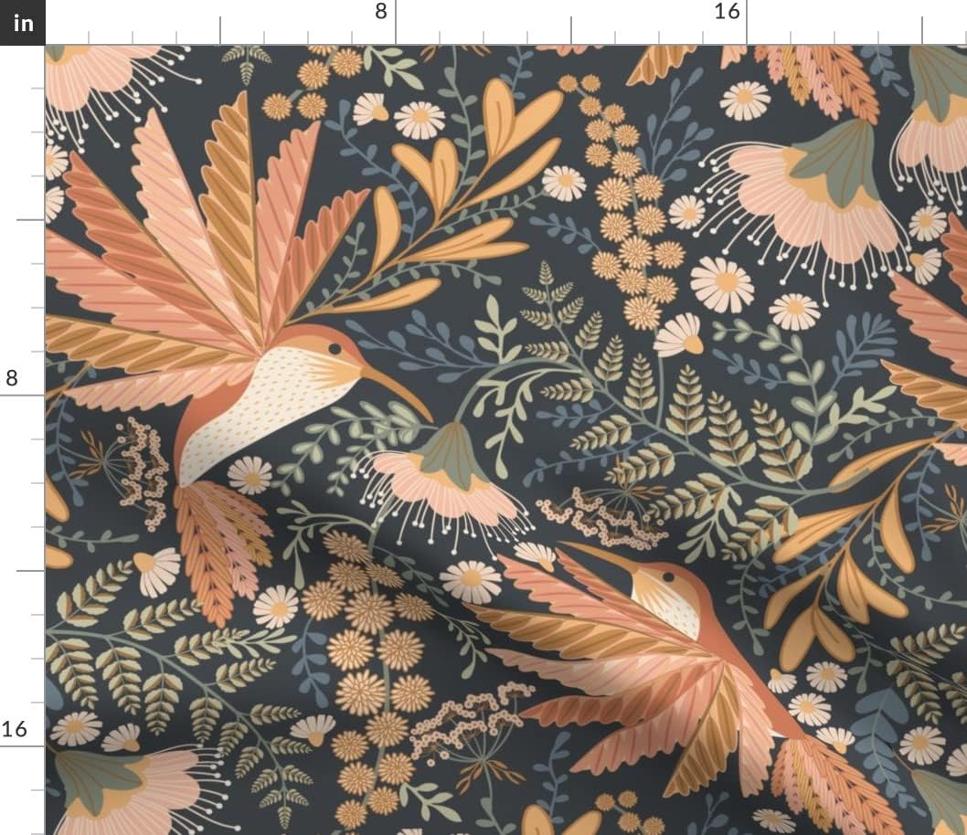 Spoonflower Fabric - Hummingbird Boho Pink Flower Green Leaves Nature Orange Printed on Petal Signature Cotton Fabric Fat Quarter - Sewing Quilting Apparel Crafts Decor
