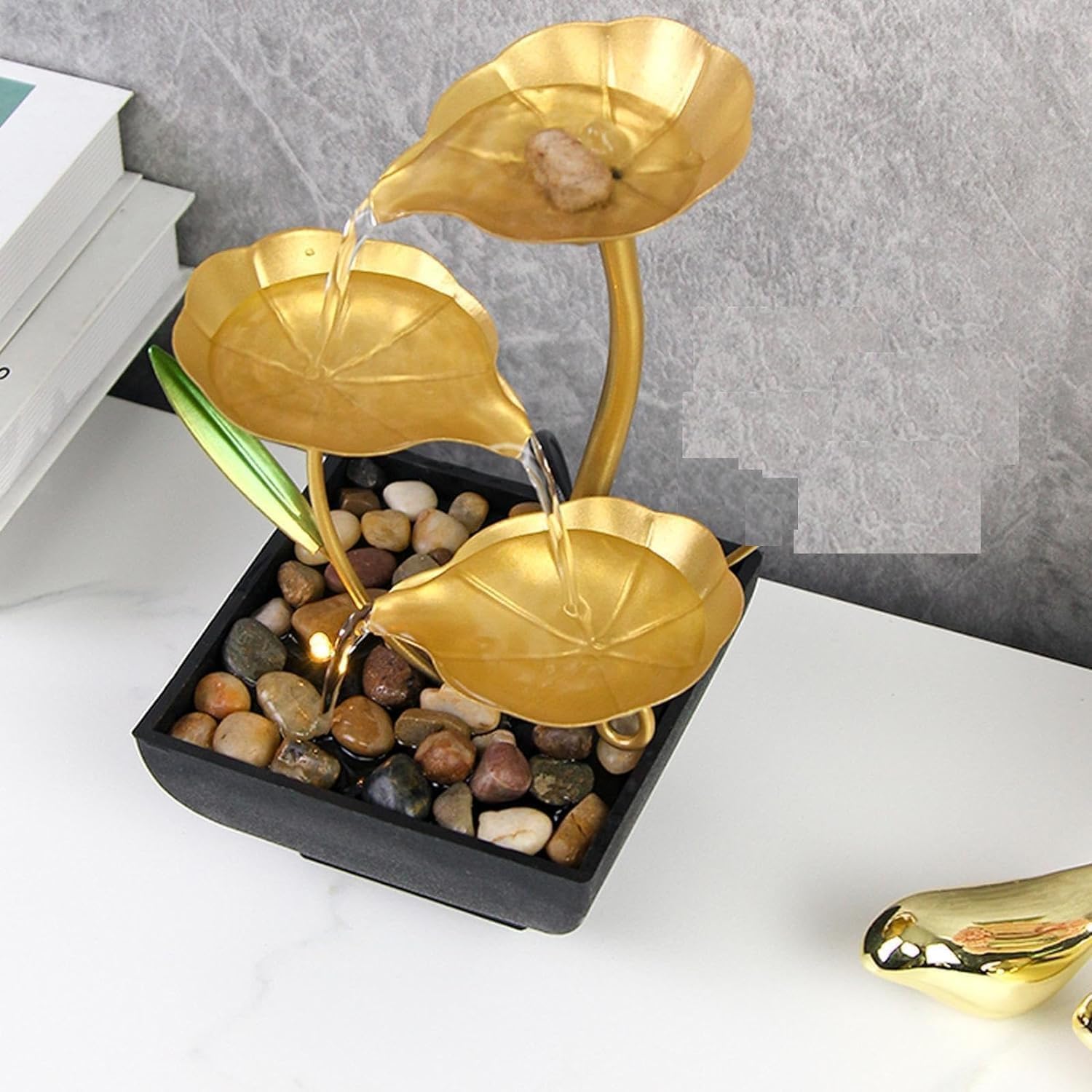 Metal Tabletop Water Fountain, 3 Tier Lotus Leaf Design Indoor Decorative Waterfall Fountain for Home, Office Desk, Living Room Table Décor (Pack of 1)-picture-28