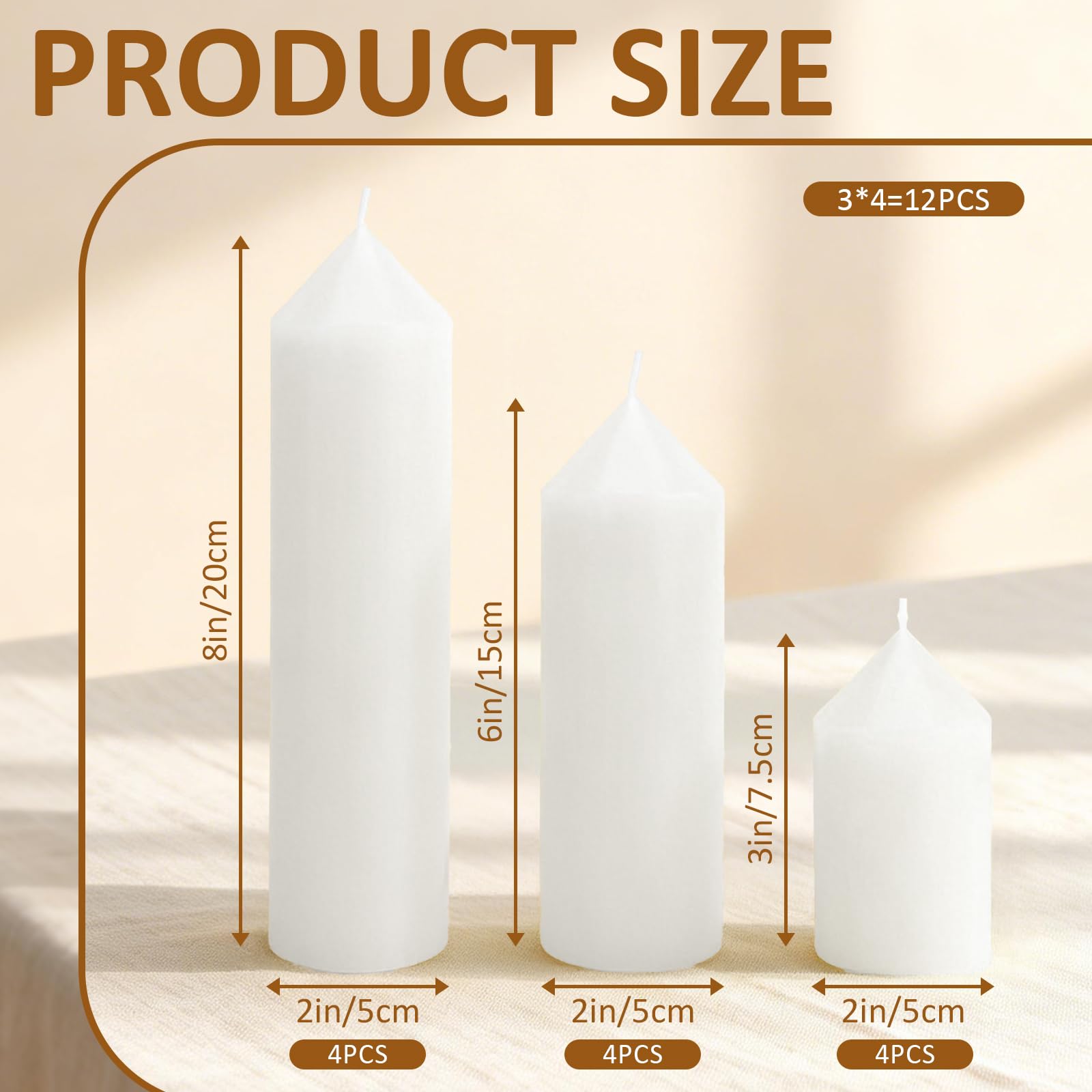 Weiße Stumpenkerzen, Großpackung – 5 x 7,6 cm, 5 x 15,2 cm, 5,1 x 20,3 cm, tropffreie, geruchlose Stumpenkerzen – rauchfreie, sauber brennende Hurrican-Kerzen für Hochzeiten, Veranstaltungen