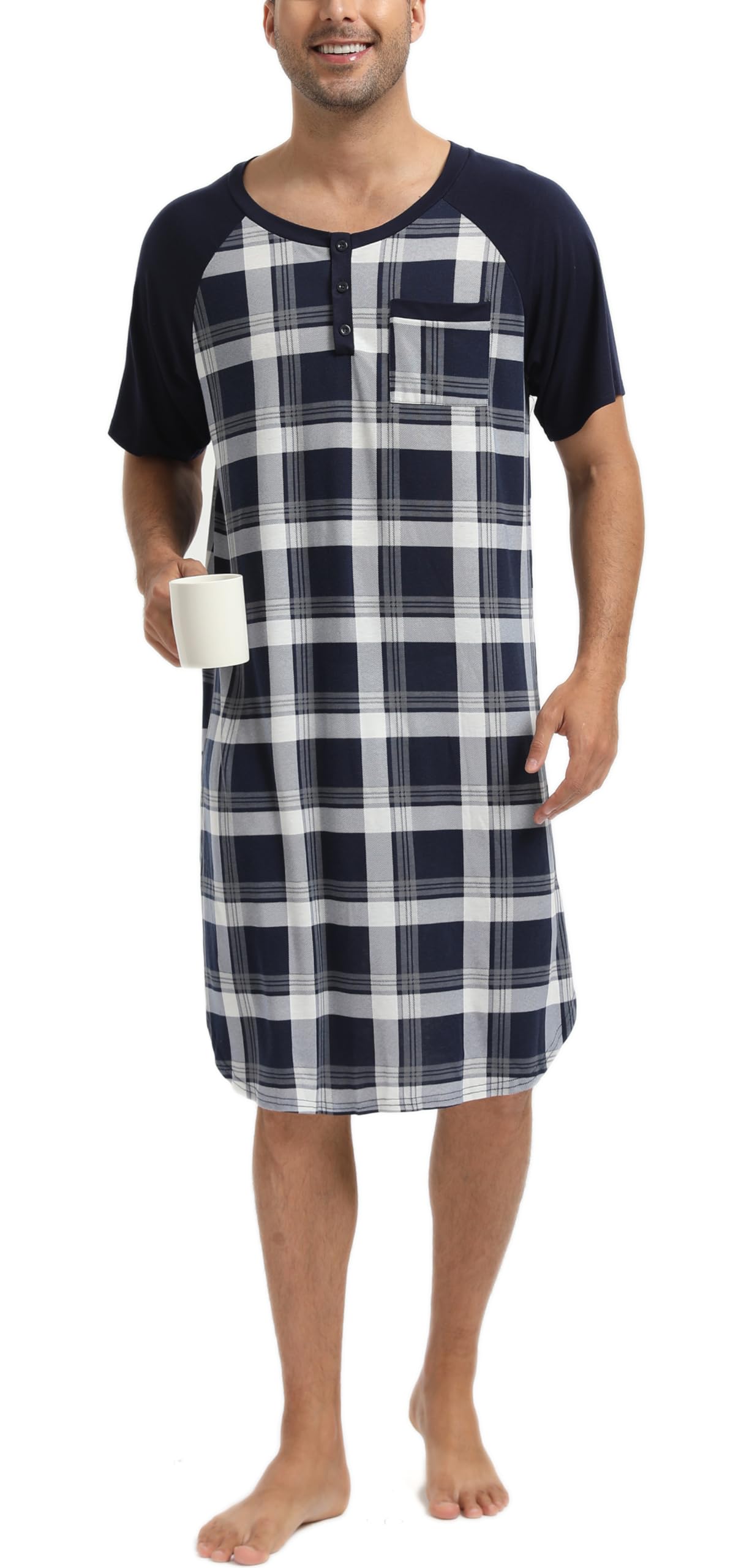 Enjoyoself Herren Nachthemd Kurzarm Baumwolle Langes Schlafshirt Leicht Luftig Pyjamaoberteil Nachtwäsche für Krankenhaus Spa