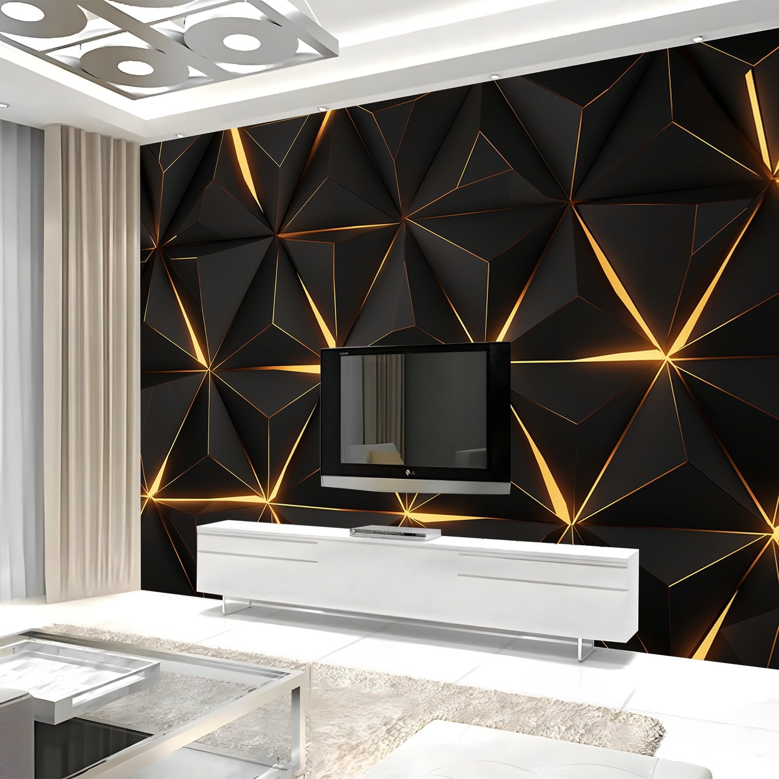Générique Papier Peint Panoramique Géométrie Noire Dorée Triangle 400x280 cm Papier Peint Intissé Mural, Poster Geant Mural Impression 3D, pour Salon Chambre d'enfants restaurant Décoration Murale