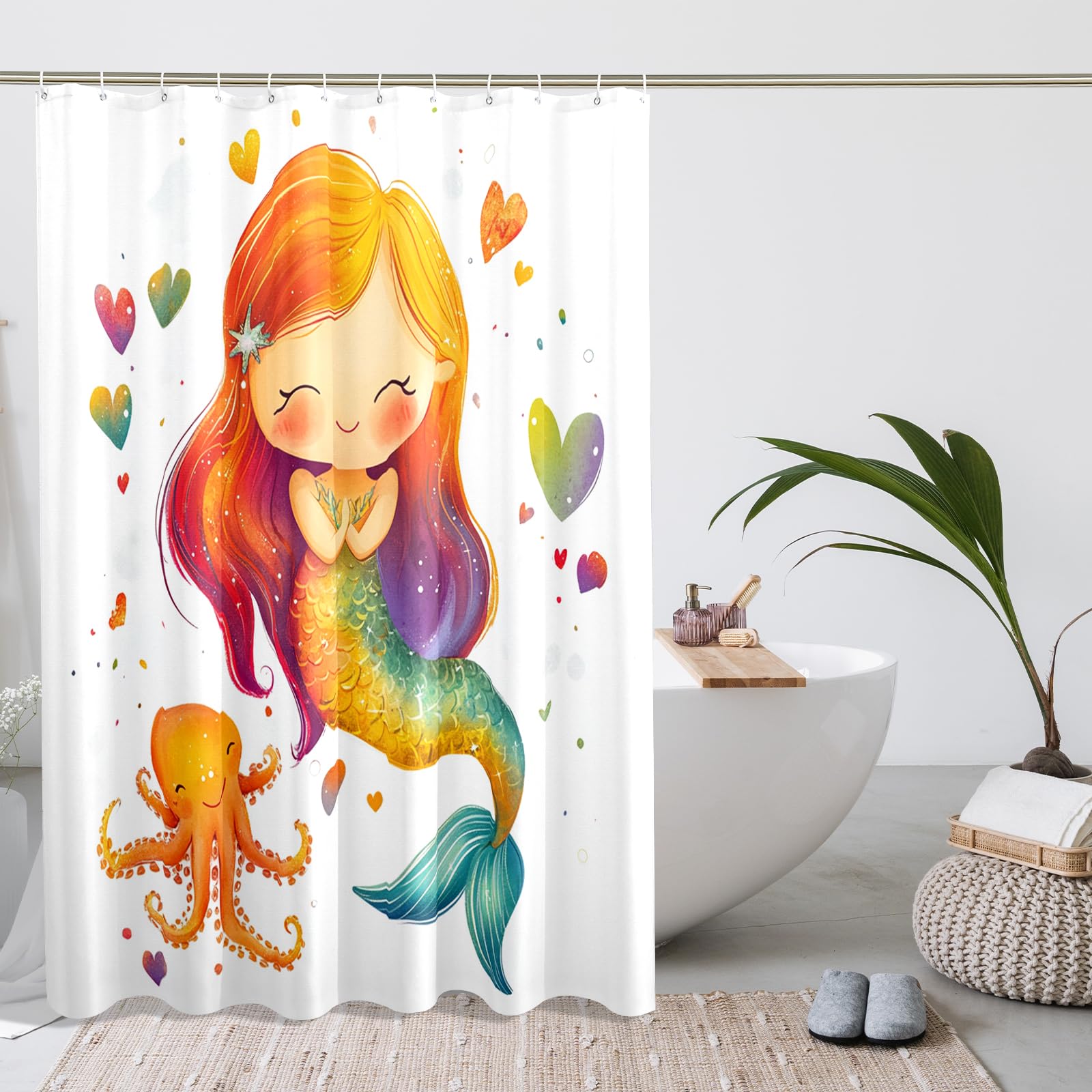 DESIHOM Cute Cartoon Mermaids Shower Curtain Set, Ocean Octopus Kid Shower Curtain, Girls Sealife Bathroom Accessories, Fabric Decorative -78 Inch