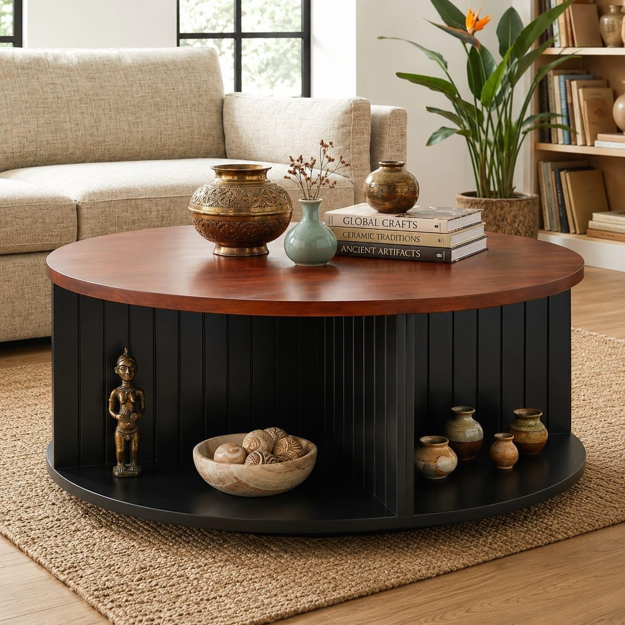 AESTHETIC DECOR Rotating 360 Degree Wooden Coffee Table with Open 4 Shelf Storage Space Saving for Living Room Hallway Home and Office Size 30 * 30 inch Dia 18 inch Hight Black Center Table-image-40