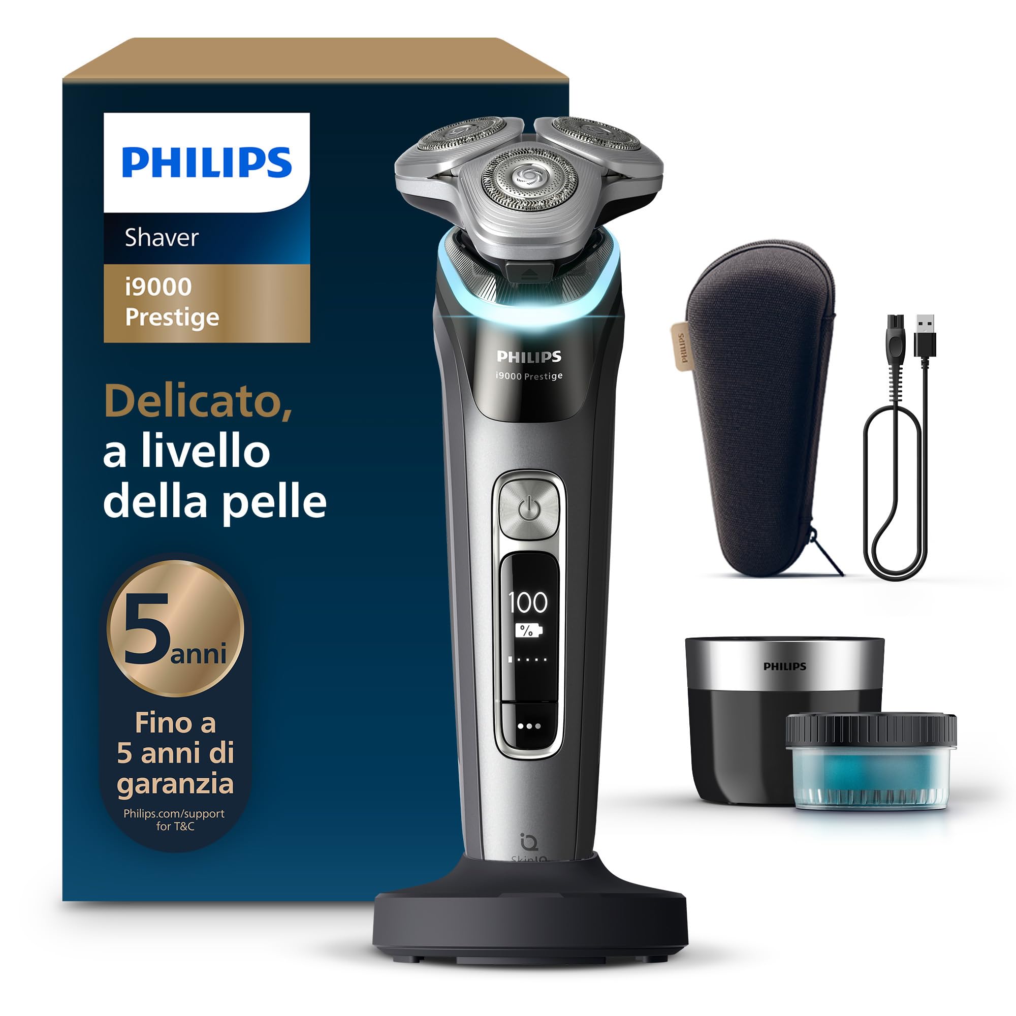 Philips Shaver i9000 Prestige, rasoio elettrico Wet & Dry, tecnologia Skin IQ, triplo sistema di sollevamento e taglio, doppie lame di precisione in acciaio 360º, pod di pulizia rapida, XP9202/30