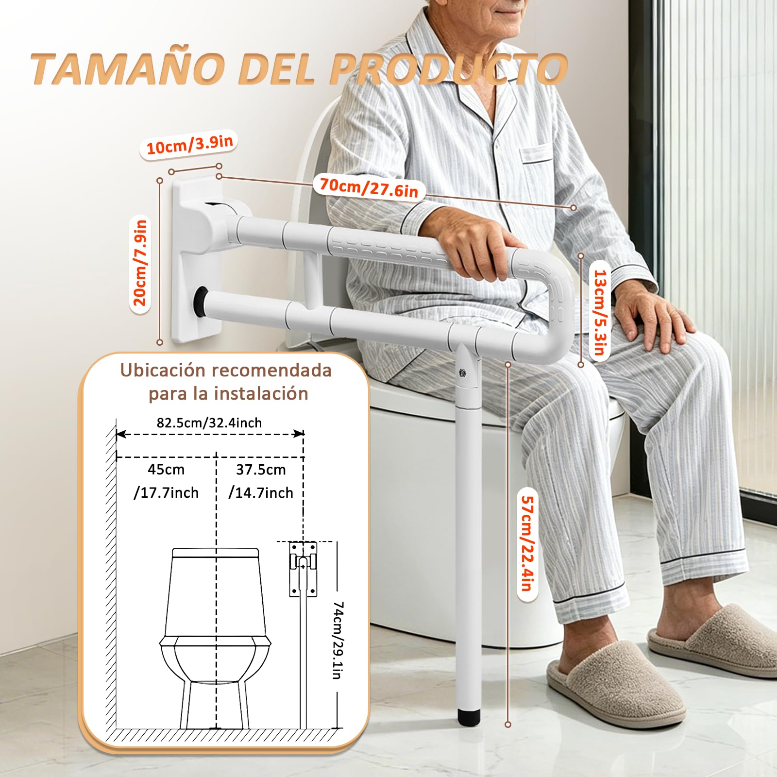 YUCHENGTECH Barra WC Minusvalidos Abatible 70cm Soporta 150 kg,Blanco | Agarraderas Bano para Mayores Acero Inoxidable Asa Seguridad WC para Ancianos Discapacitados Embarazadas