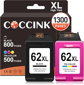 COCCINK 62XL for HP 62 Ink Cartridge Combo Pack HP Ink 62 XL Black Color