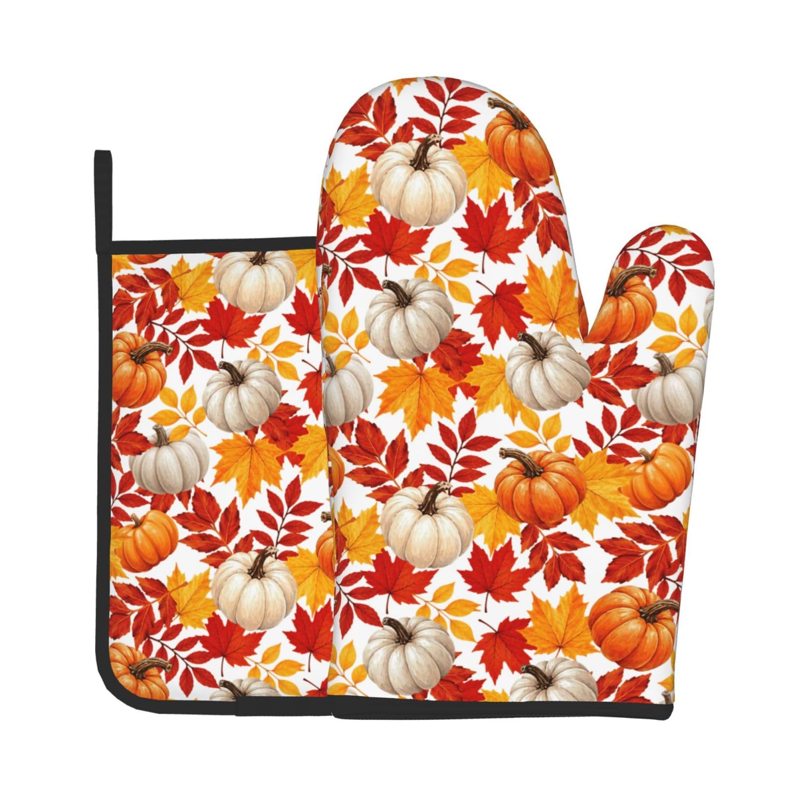 Fall Pumpkin Oven Mitts and Pot Holders Sets Autumn Maple Leaf Leaves Oven Mitts Heat Resistant Thanksgiving Farmhouse Kitchen Gloves Hot Pads Two Piece Set for Cooking Baking Grilling BBQ
