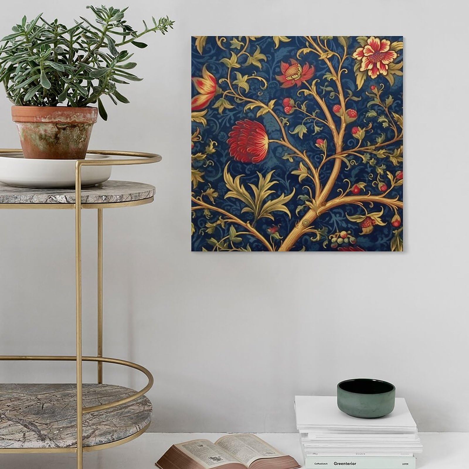 Tela artistica da parete in stile cinese, 30,5 x 30,5 cm, colore bordeaux, oro, blu navy, stampa su tela con motivo floreale botanico, pronta da appendere, decorazione rustica per casa, ufficio