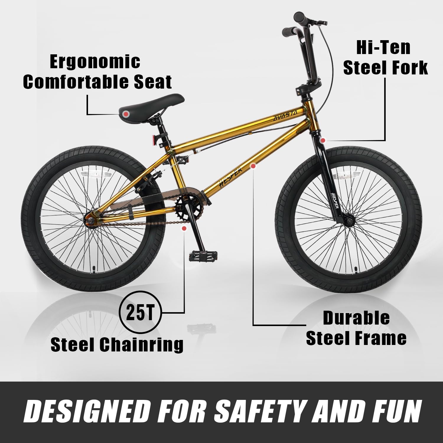 AVASTA Hesper 20 Zoll Kinderfahrrad Freestyle BMX Fahrräder für 6-14 Jahre alte Jungen und Anfänger, Gold