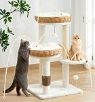 Made4Pets Arbre de chat pour grands chats adultes avec 2 Grand lit de chat en rotin tissé à la main, Tour de chat avec 2 Postes de scratching de chat sisal / 2 Coussins mous/Auto-Groomère / 2 Balles pour l'intérieur Cats-81cm/32