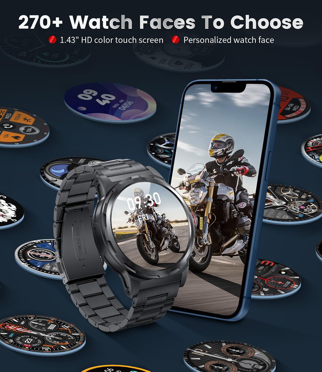 LIGE SML6-L Smartwatch with various watch faces and a smartphone