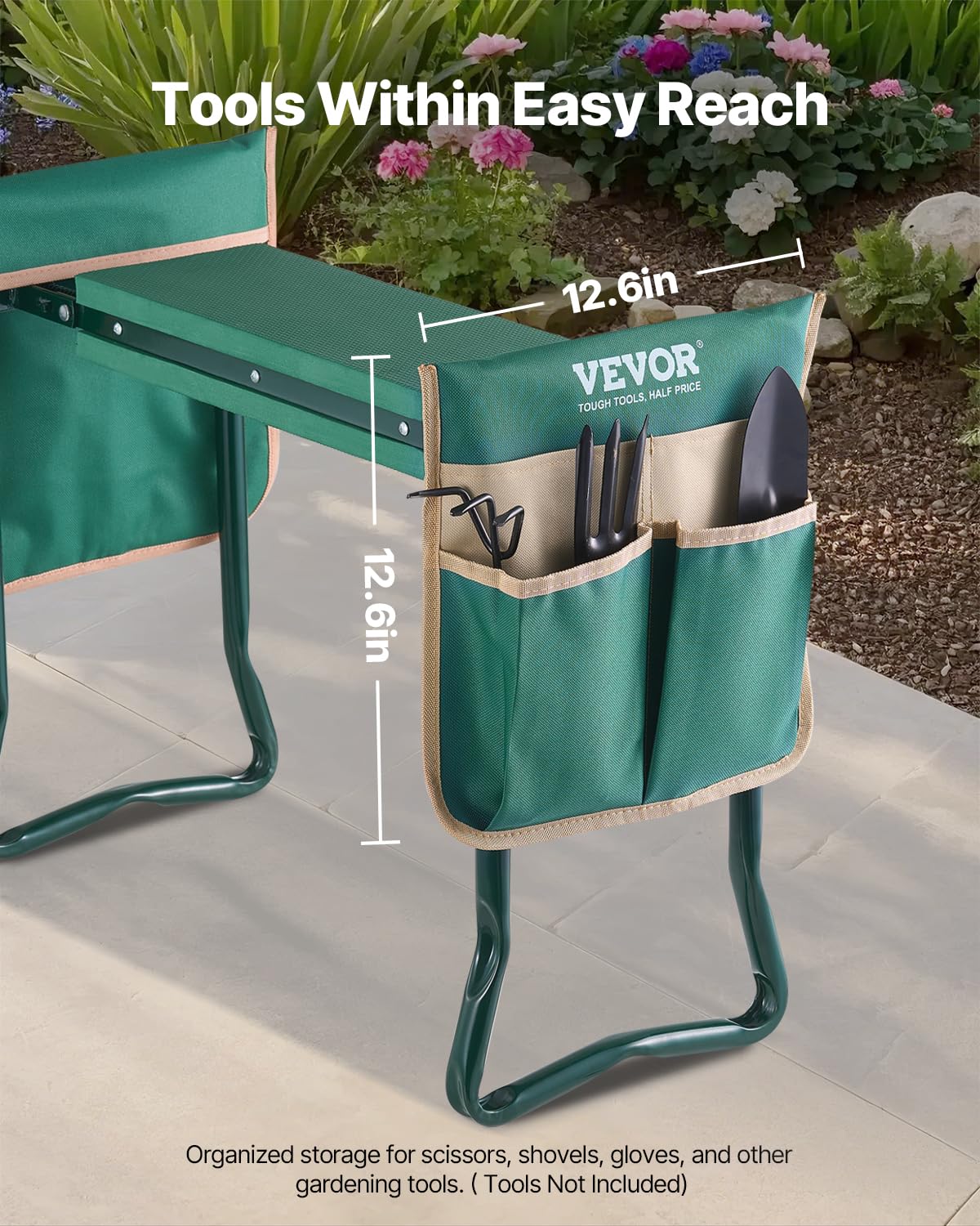 VEVOR Inginocchiatoio Sedile da Giardino, 152 mm Larghezza, Sgabello Robusto Giardino Pieghevole con 2 Borse per Attrezzi, Allevia Dolore al Ginocchio alla Schiena, Panca Giardino Portatile