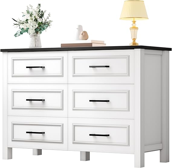 DWVO Farmhouse Wooden Dresser TV Stand with Power Outlet, 6-Drawer Dresser with Large Storage Drawers and Bar Handles, Ideal for Bedroom, Living Room, Hallway, 47.2" x 15.7" x 33.4" - White