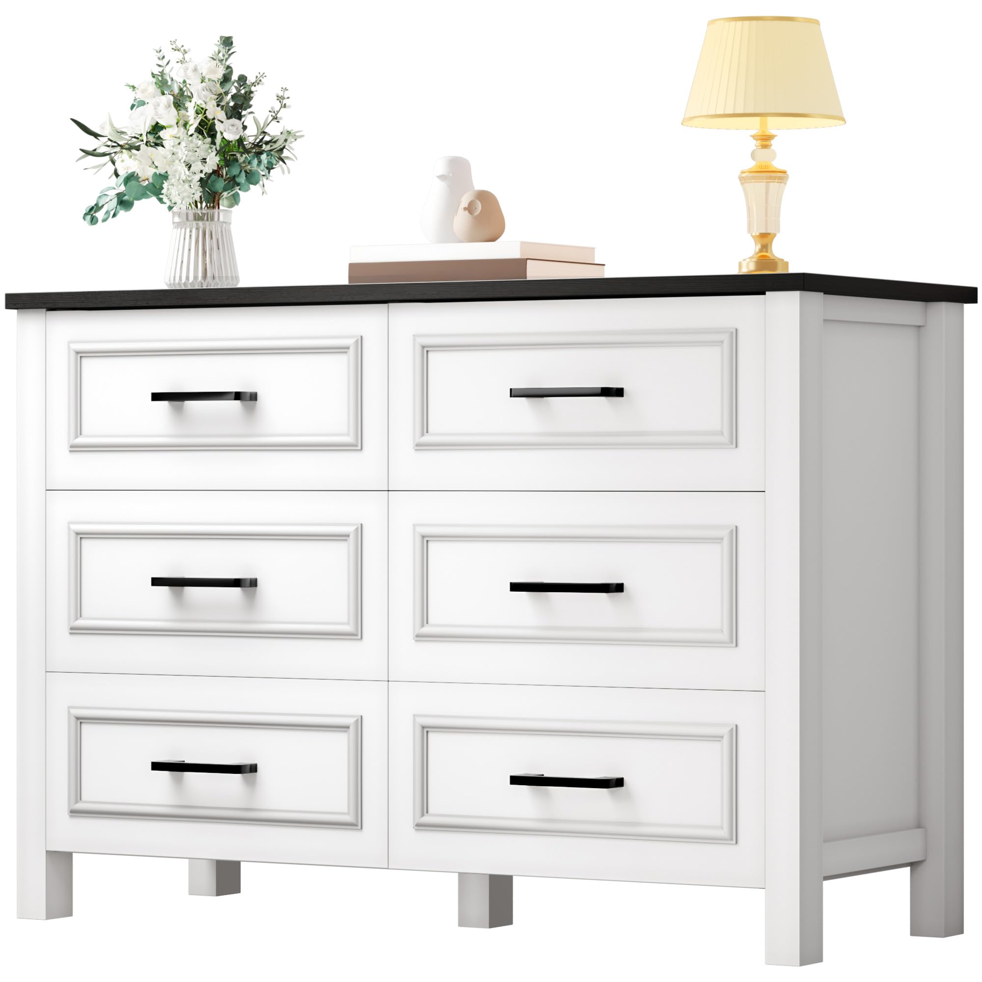 DWVO Farmhouse Wooden Dresser TV Stand with Power Outlet, 6-Drawer Dresser with Large Storage Drawers and Bar Handles, Ideal for Living Room, Hallway, 47.2