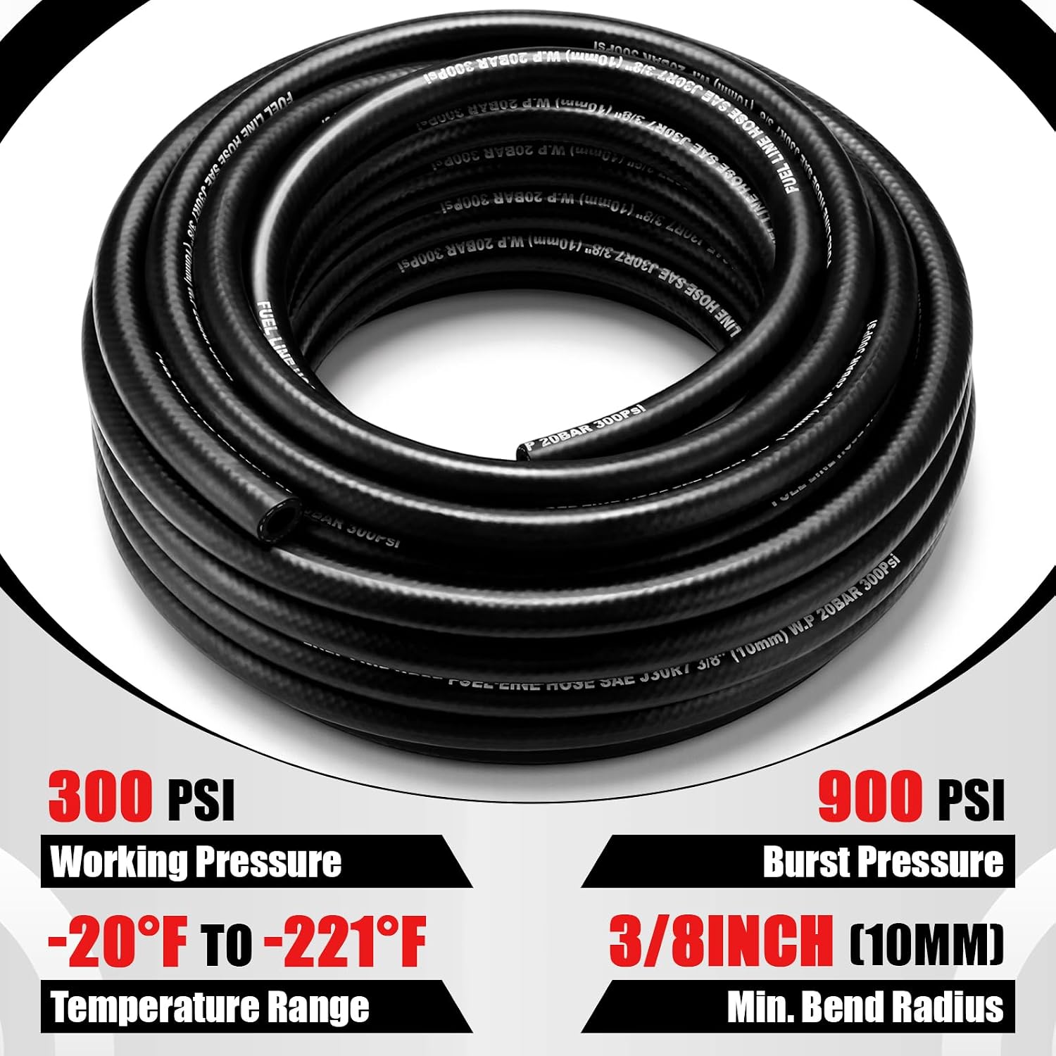 50 ft 3/8'' Marine Fuel Hose Feed Line NBR Rubber Type SAE J1527 Standards Rated up to 300 PSI for Ships, Marine Equipment, Automotive Engines, Fuel Systems