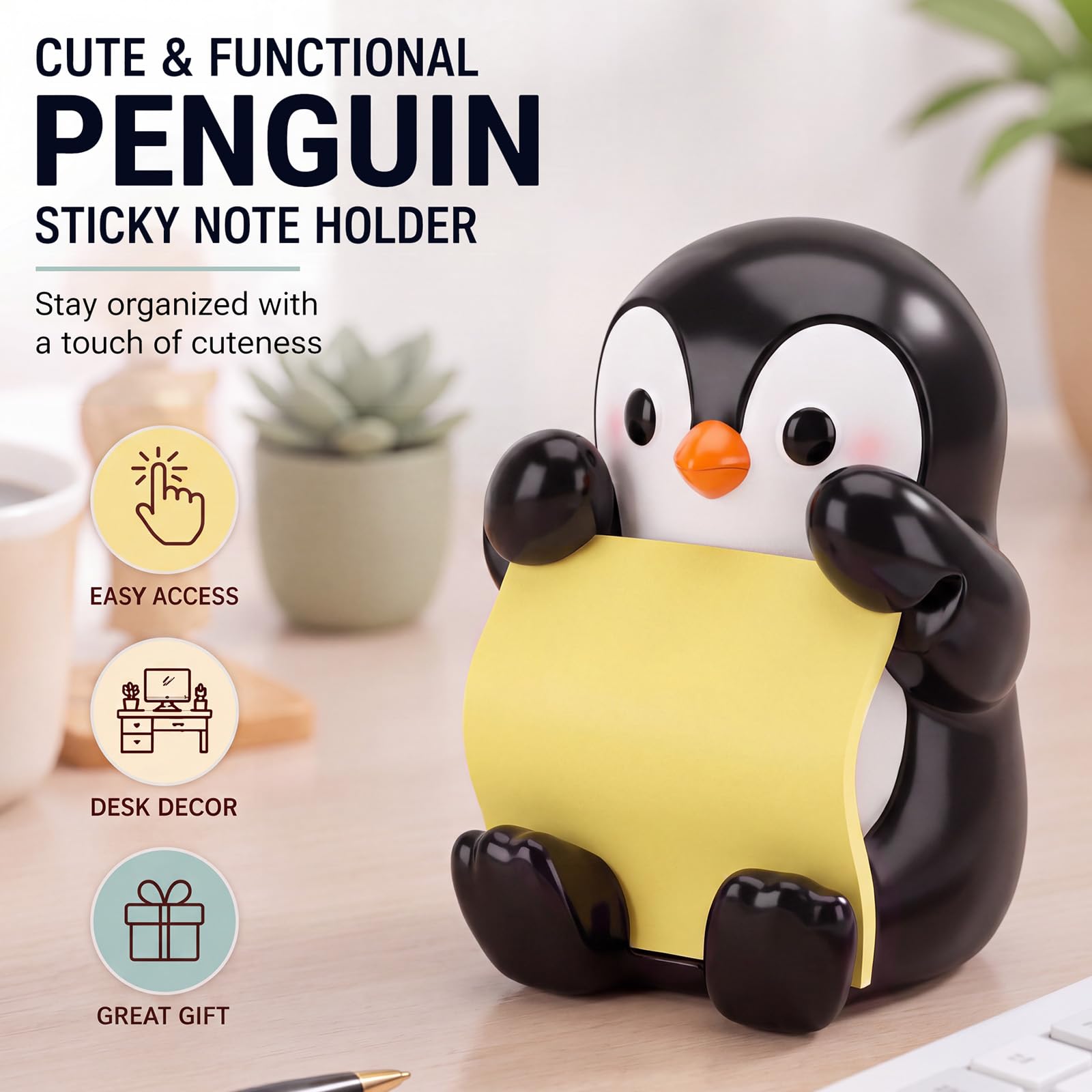 Crtiin Dispenser per note adesive a forma di pinguino, 50 fogli, 7,6 x 7,6 | Note estraibili gialli, dimensioni compatte, 15,2 x 10,2 x 6,9 cm, decorazione da scrivania a forma di pinguino