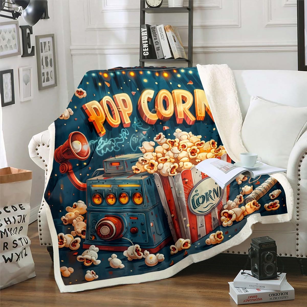 Erosebridal Movie Theme Throw Blankets Vintage Cinema Style Blanket 60"x80" for Boys Girls Family Home Theater Decor Fleece Fuzzy Blanket Film Themed Popcorn Print Bedroom Room Decor