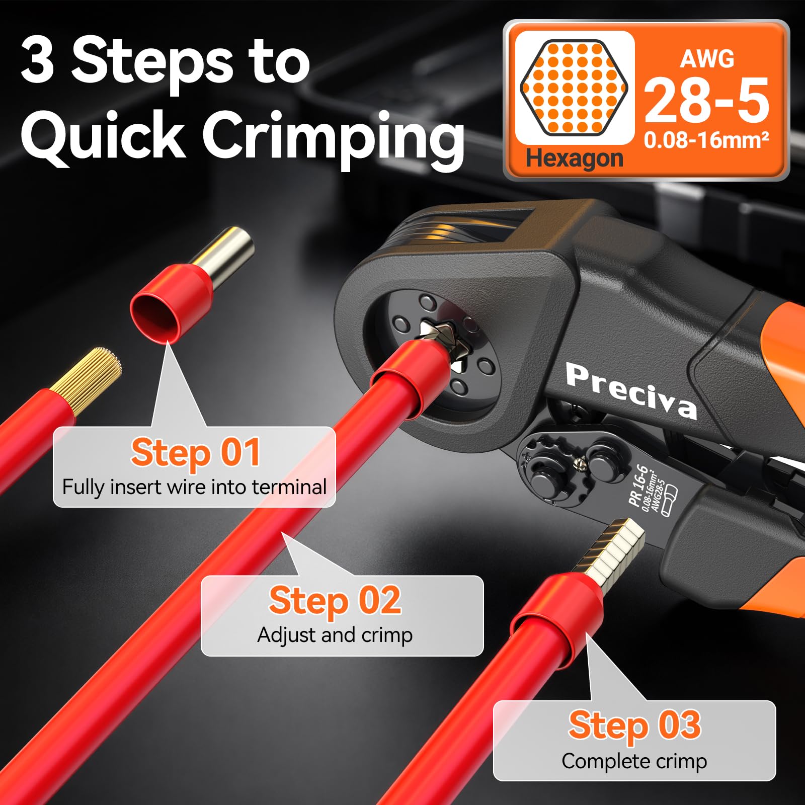 Preciva Crimpadora Terminales con 1450 Punteras Huecas y Pelacables, Alicates Crimpadora Ferrules 0,08-16 mm² Autoajustable con Carraca, Kit Terminales Electricos para Cables
