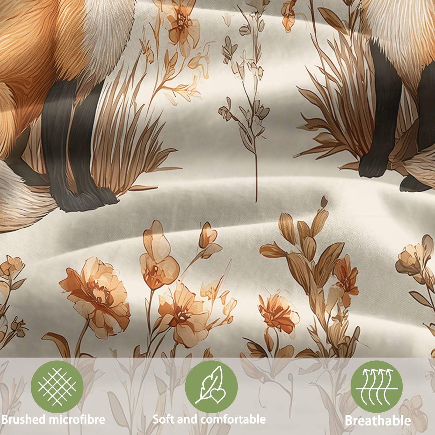 Generisch Retro Landhaus 3-teiliges Bettwäsche-Set, 1 Bettbezug 180 x 200 cm und 2 Kissenbezüge 80 x 80 cm, Taupe, Herbstblumen Fuchs, Pflegeleicht, Erwachsene, Schlafzimmer
