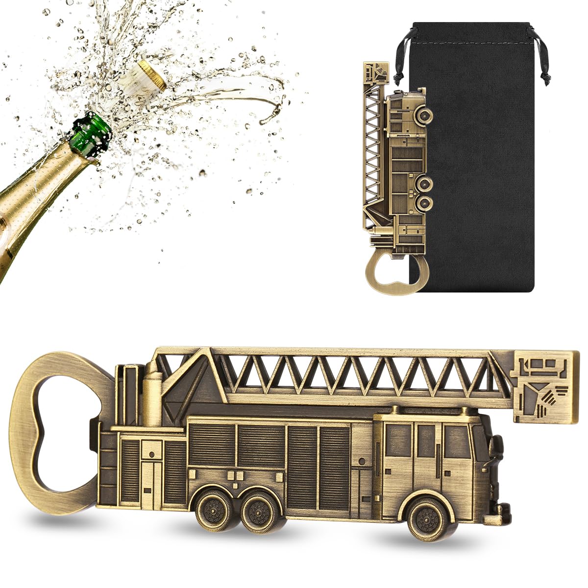 LULLEA Fire Engine Bottle Opener – Quirky Firefighter Gifts for Men, Dad, Grandpa – Bronze Fire Engine-Shaped Bar Accessory with Gift Bag – Perfect for Birthday Fathers Day Christmas Pub Nights