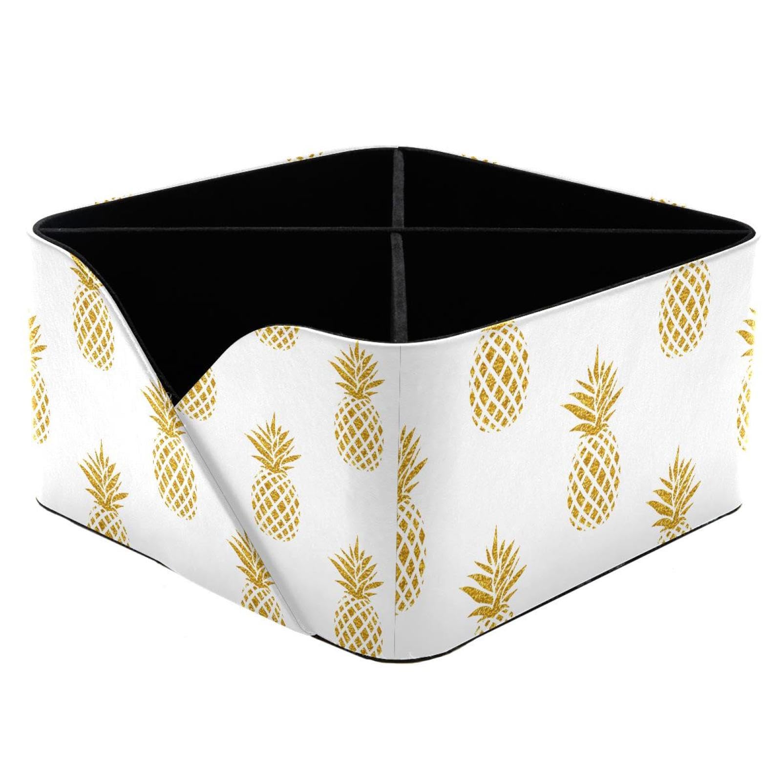 KengjuTesu Gold Pineapple Pattern Desktop Organizer Pen Holder, Rectangular Pencil Cup for Office, Study and Makeup Stations