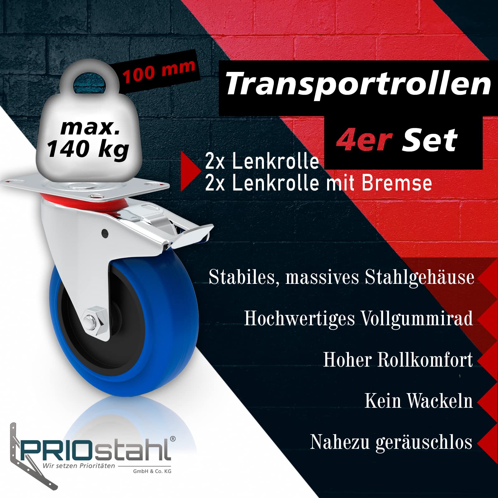 Transportrollen mit Bremse 100mm Möbelrollen Schwerlast - Lenkrollen Set Gummi Rollen Blue Wheels Bockrollen für Rollbrett Werkstatt schwere Möbel Palettenmöbel Rollwagen Räucherschrank Werkzeugwagen