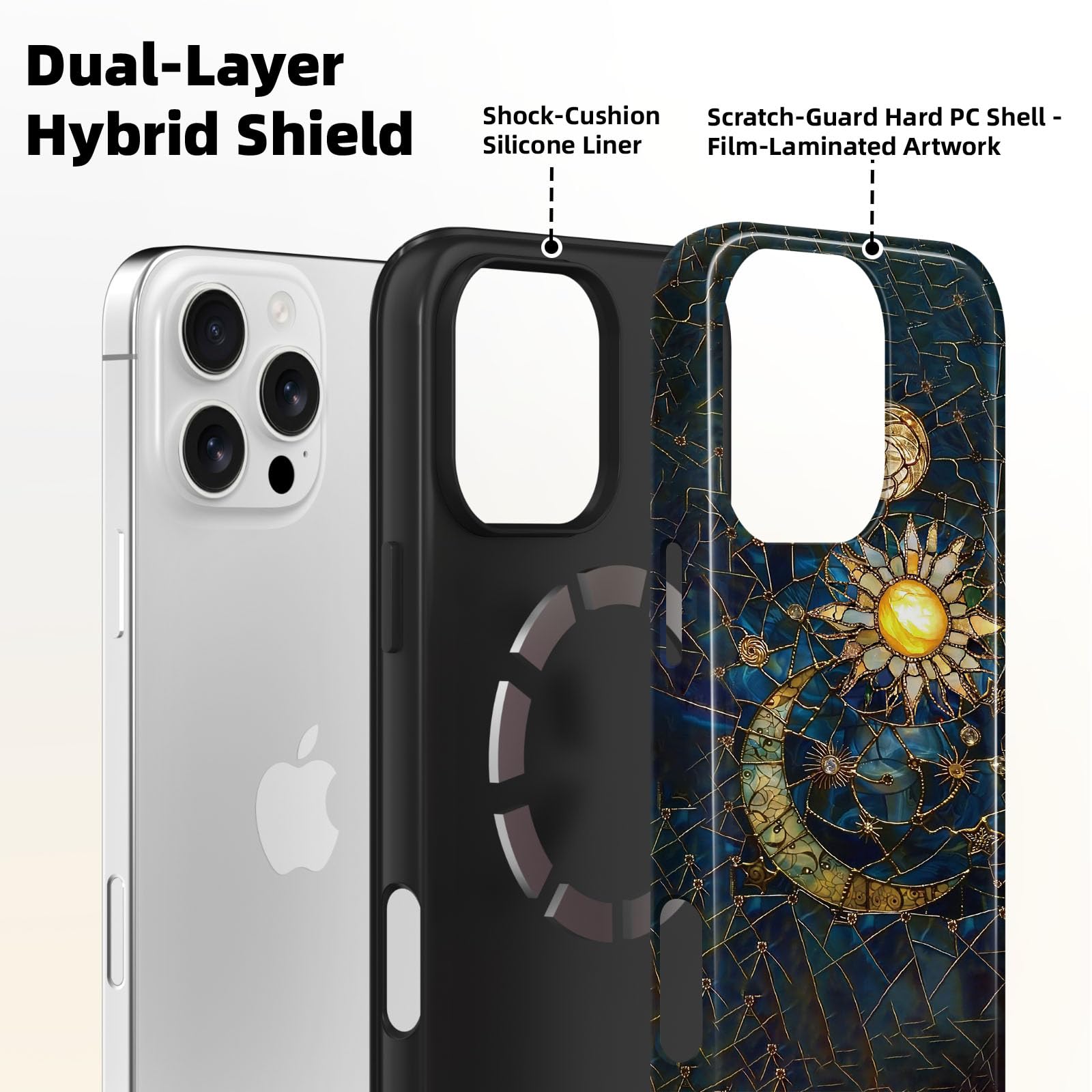 Lumen - Custodia per iPhone 17, compatibile con Magsafe, cover rigida con protezione per fotocamera, per donne, ragazze, adolescenti, con vetro colorato con sole e luna, oro blu navy, drammatica