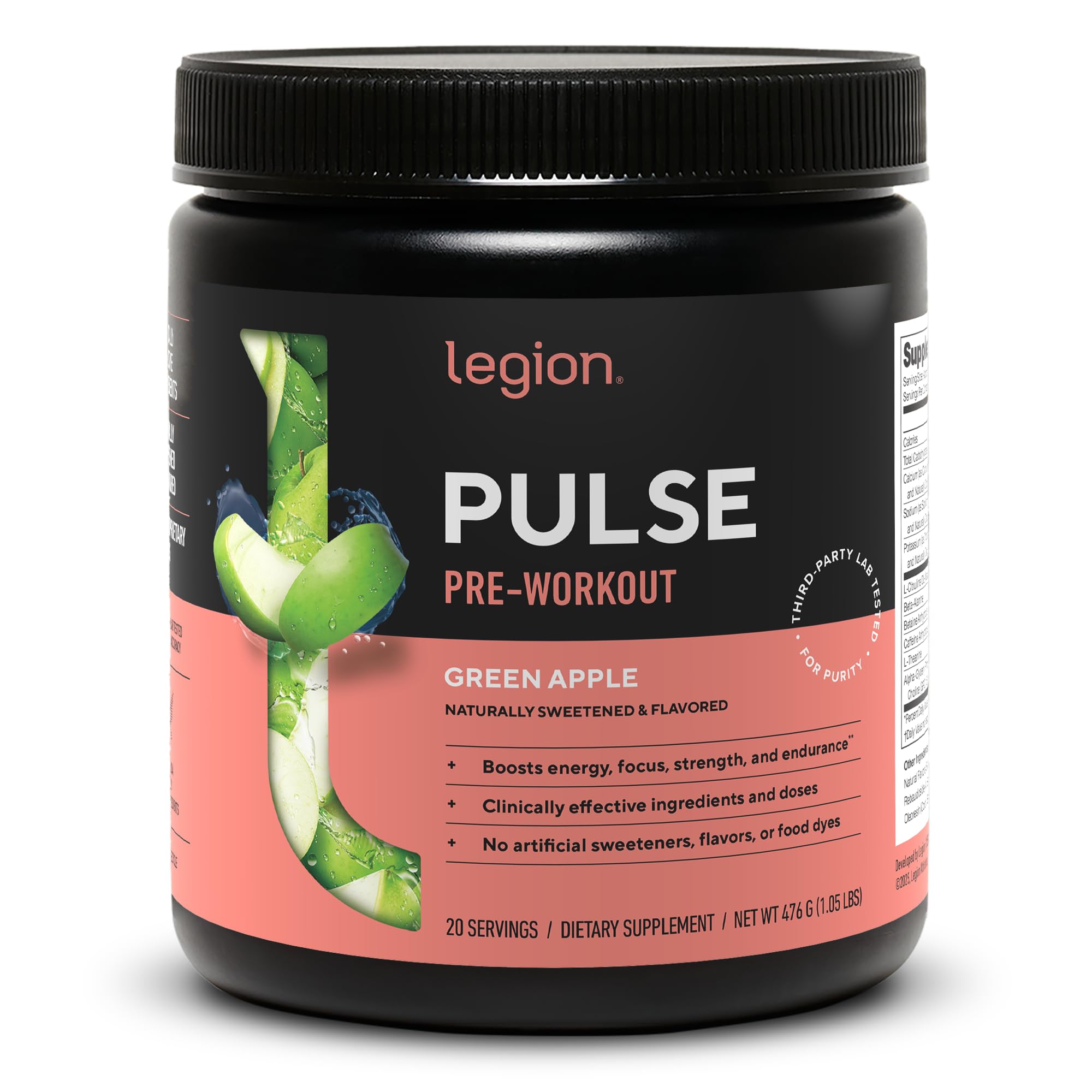Pulse Pre Workout Supplement - All Natural Nitric Oxide Preworkout Drink to Boost Energy, Creatine Free, Naturally Sweetened, Beta Alanine, Citrulline, Alpha GPC (Green Apple)