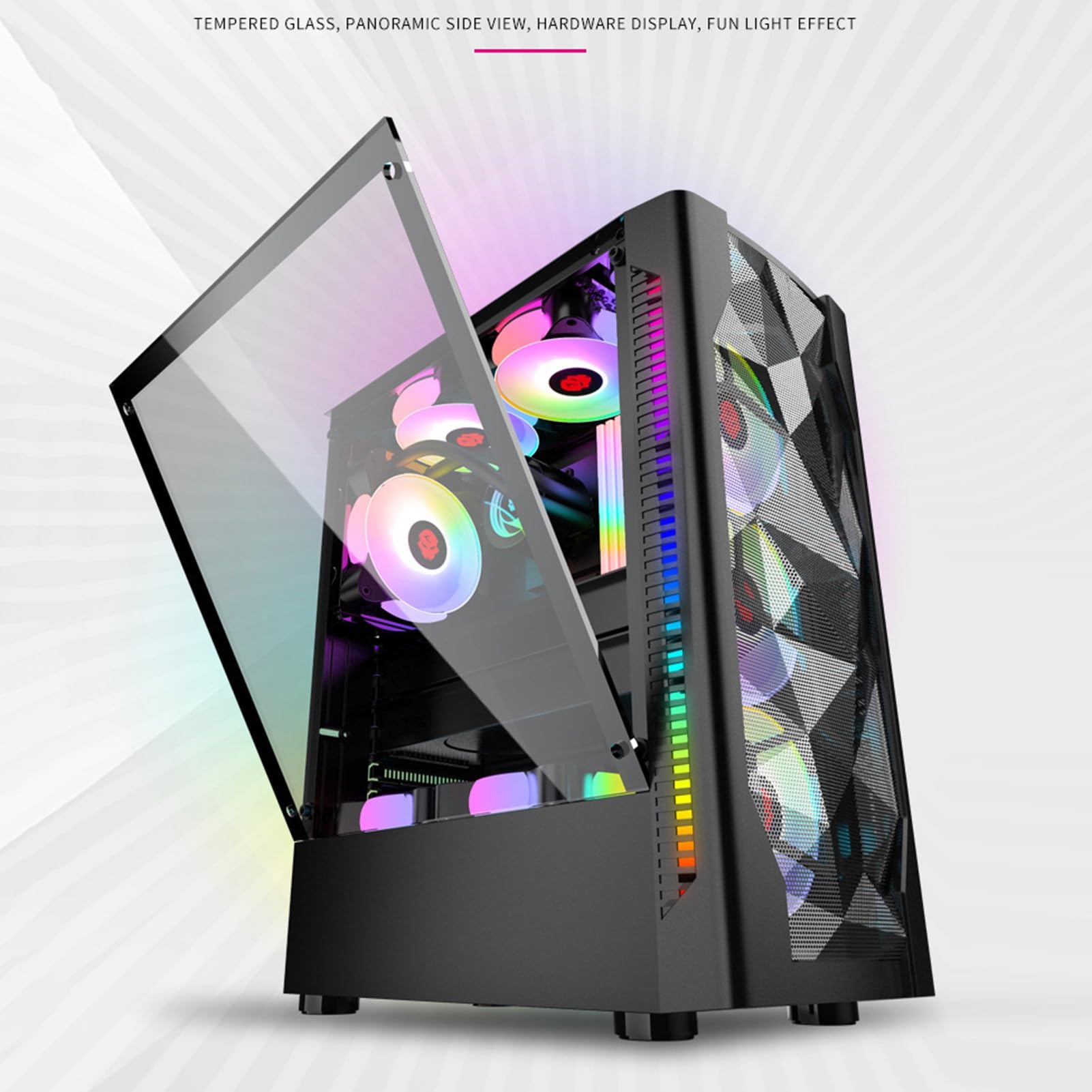 Obudowa komputera Mid-Tower do gier, Obudowa Desktop ATX Micro-ATX ITX, Panel boczny ze szkła hartowanego, Fabrycznie zainstalowane 6 wentylatorów, Nadaje się do gier i pracy biurowej (Size : Black)