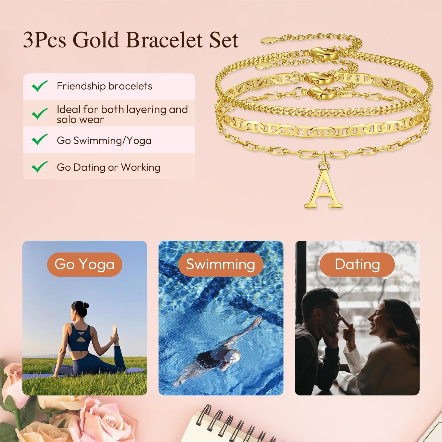 Gold Initial Bracelets for Women Gifts - Dainty 14K Gold Plated Layered Letter Bracelet Set Trendy Personalized A-Z Bracelets Jewelry Gifts for Her - Image 6